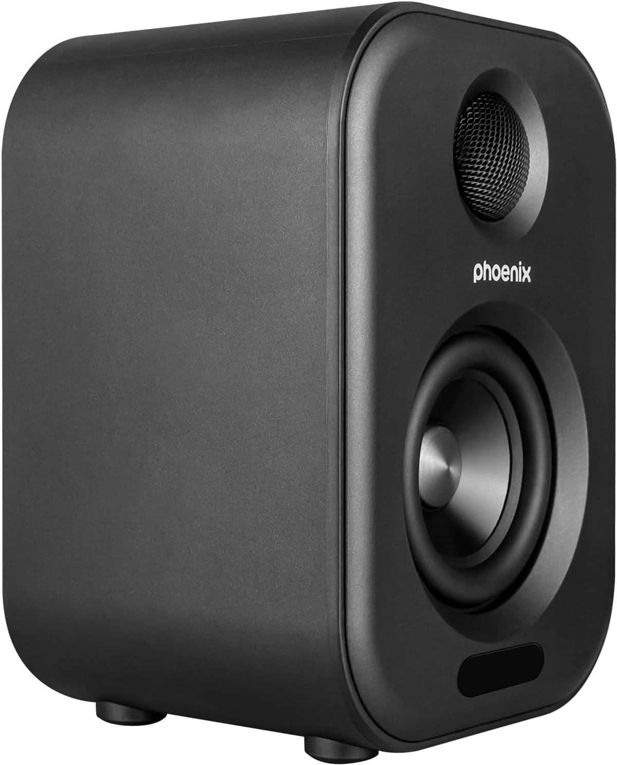 Altavoz negro con bordes redondeados, con un tweeter y un woofer con el logotipo 'phoenix'.