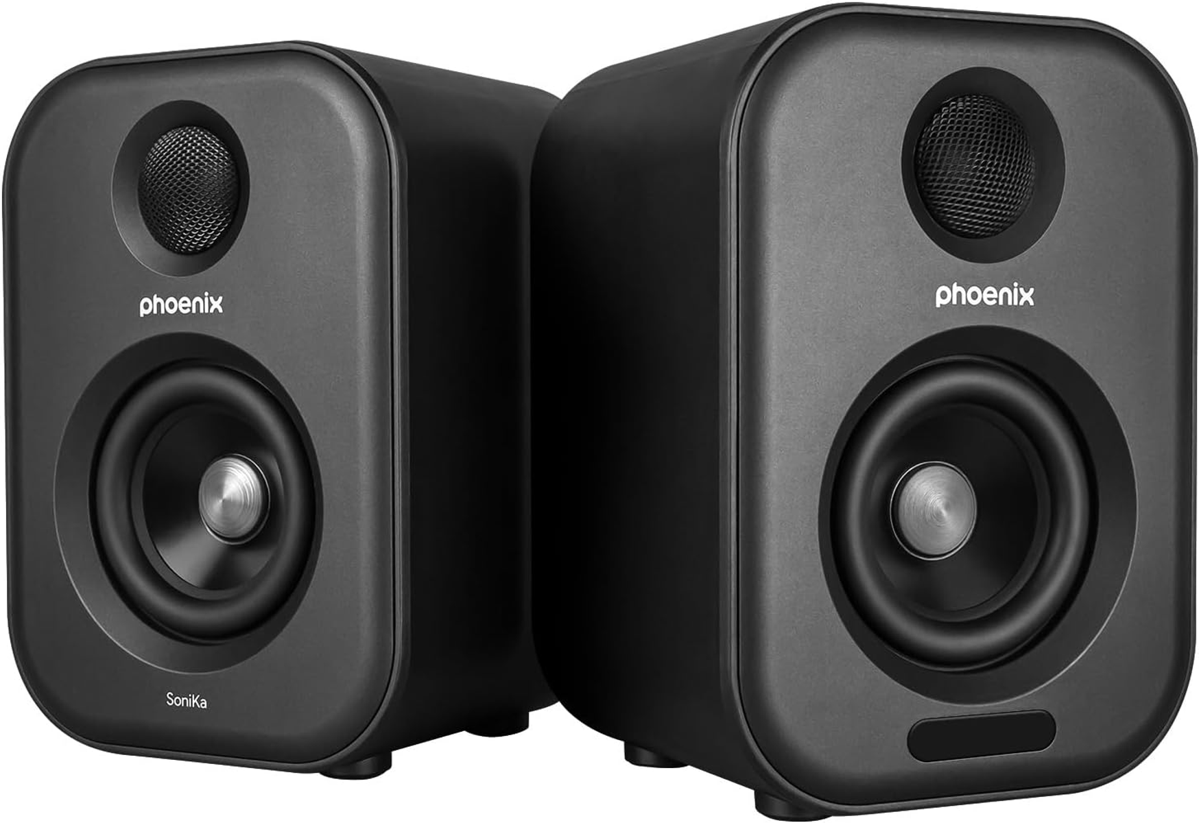 Par de altavoces negros, con la marca phoenix y un altavoz.