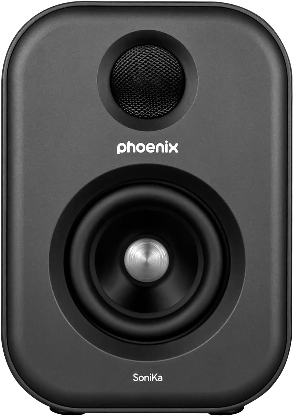 Altavoz negro con dos elementos circulares, el superior más pequeño y el inferior más grande. Marca: phoenix, modelo: Sonika.