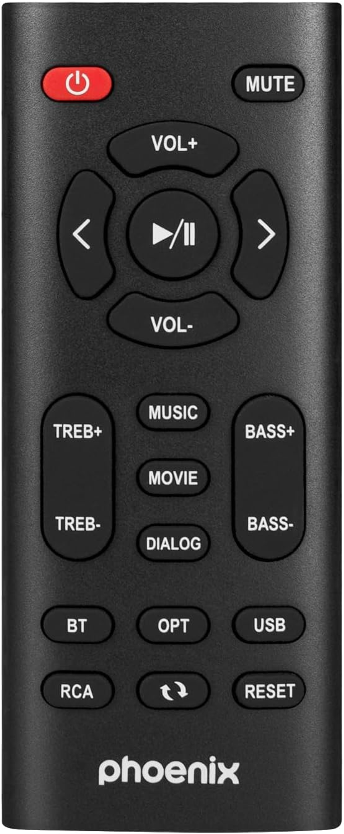 Control remoto negro con botones para volumen, música y otras funciones.