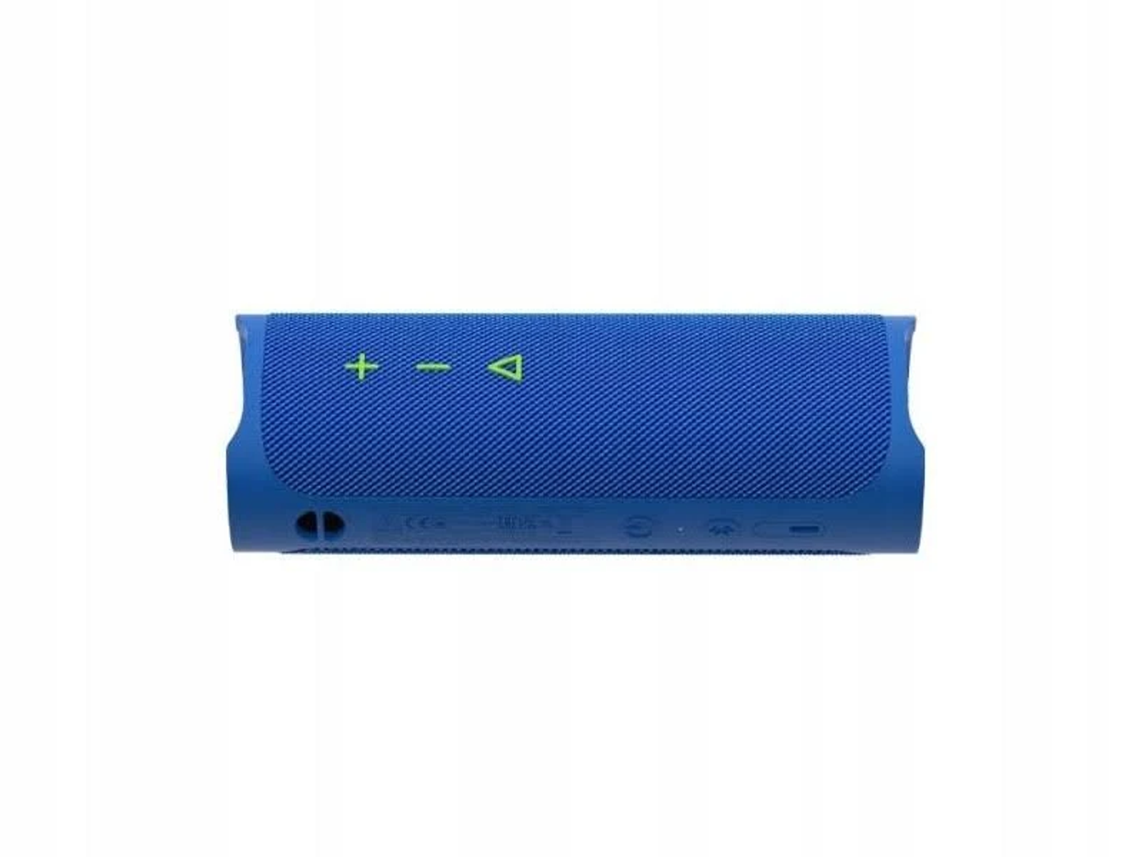Altavoz portátil rectangular azul con botones de volumen y reproducción verdes en la parte superior, aislado sobre blanco.
