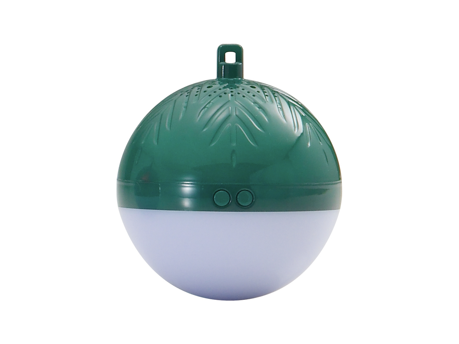 Zielony i biały okrągły głośnik, z pętlą na górze.