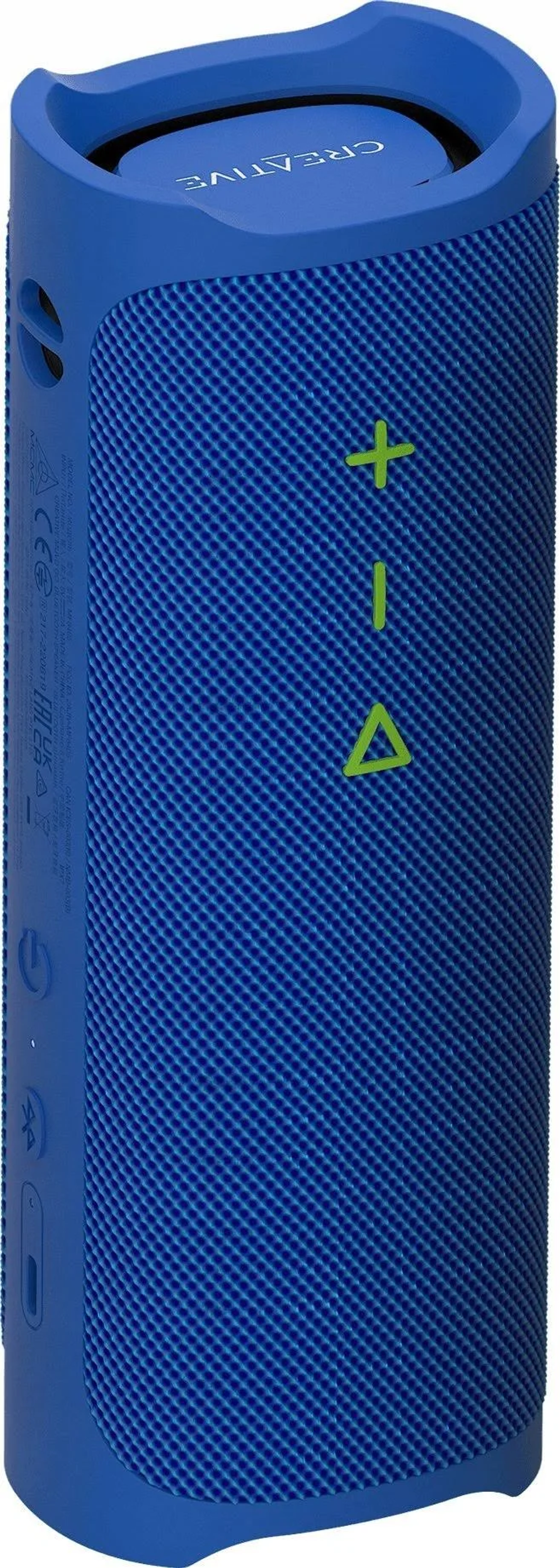 Altavoz portátil azul. Tiene botones y un logotipo. Está sobre un fondo blanco.