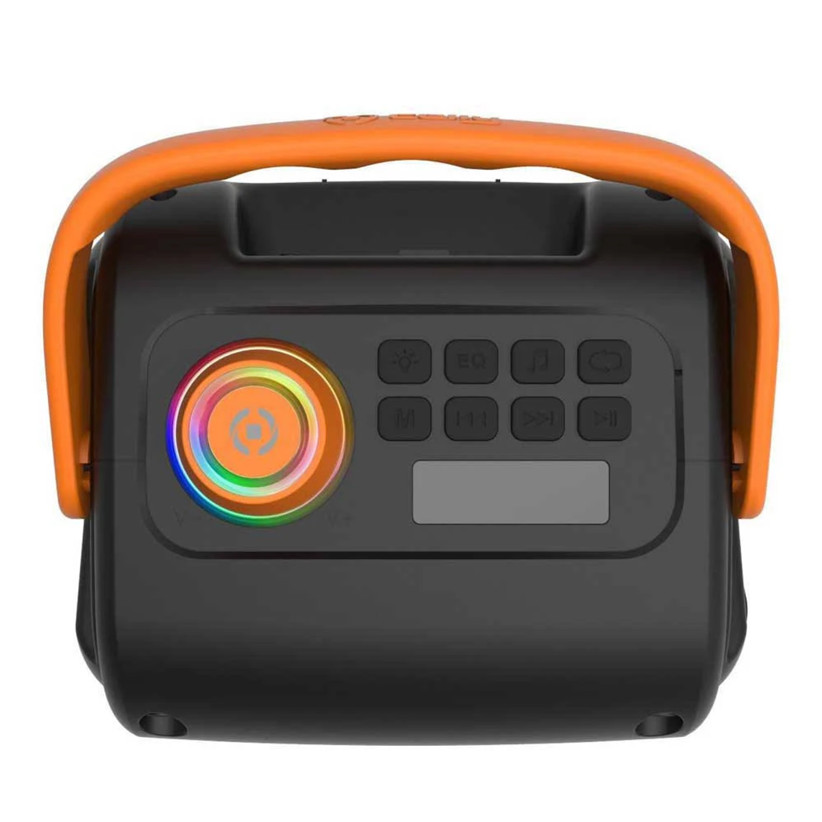 Czarny i pomarańczowy głośnik przenośny z przyciskami sterowania i pomarańczowym uchwytem.