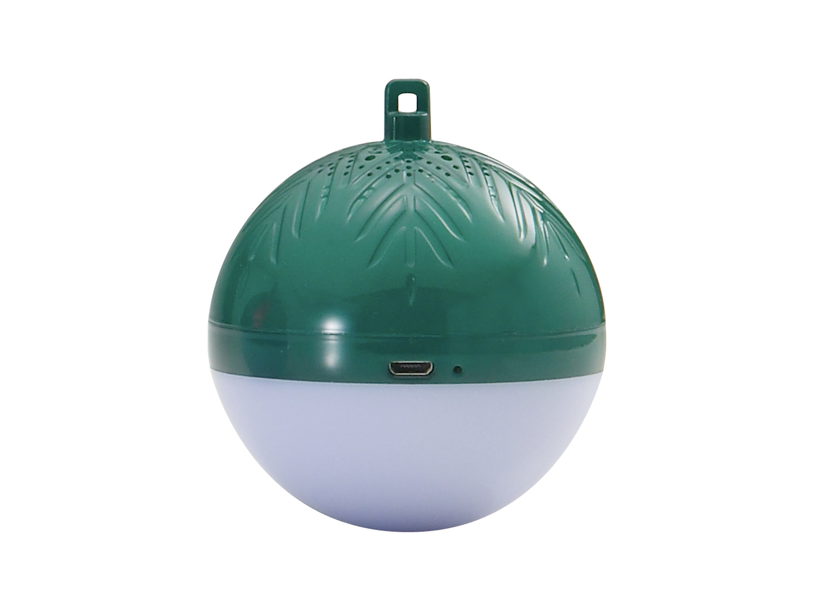 Zielony i biały okrągły głośnik z portem ładowania i pętlą.