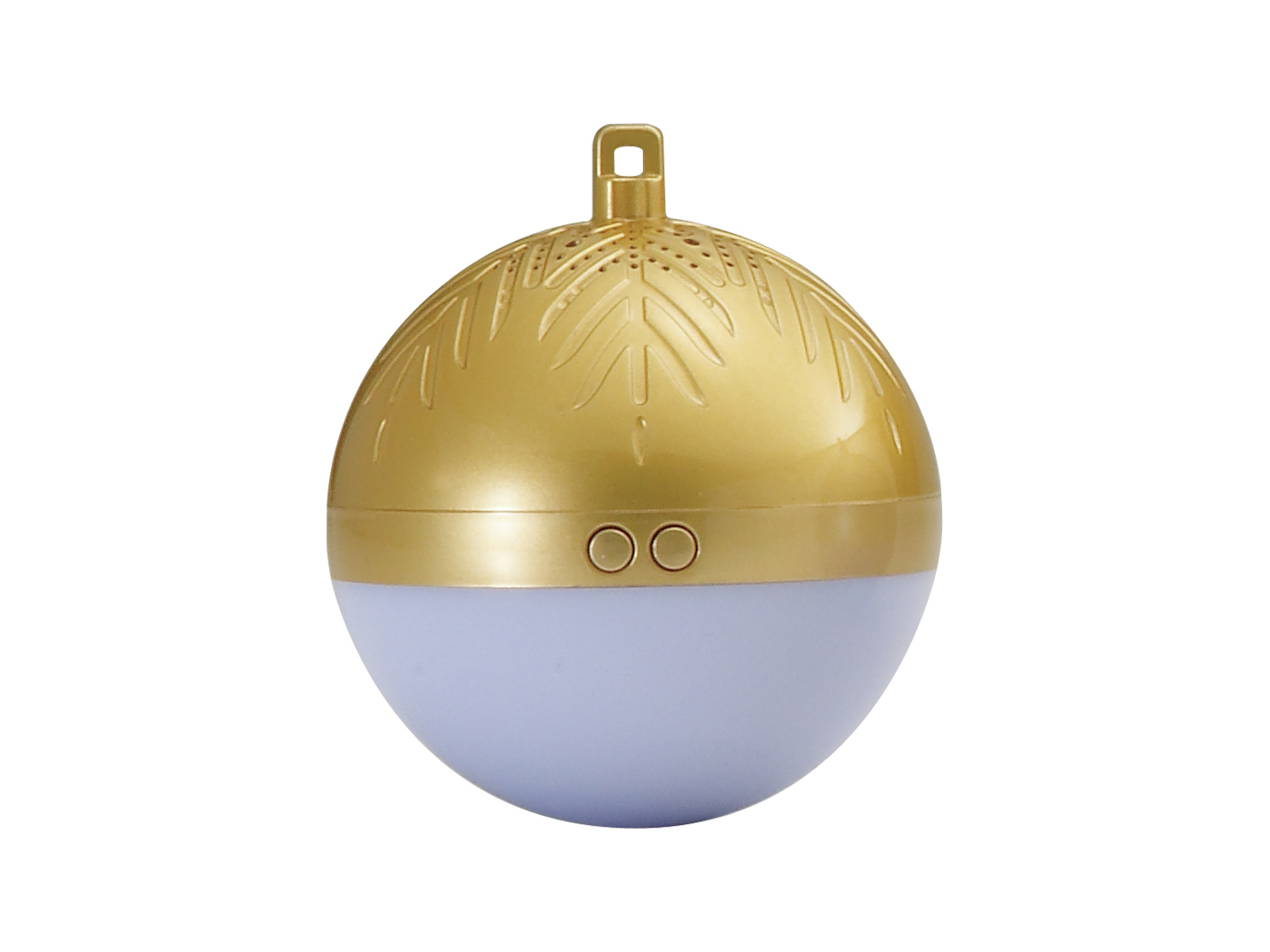 Złota ozdoba choinkowa z białym spodem. Ma wzór liści na górze.