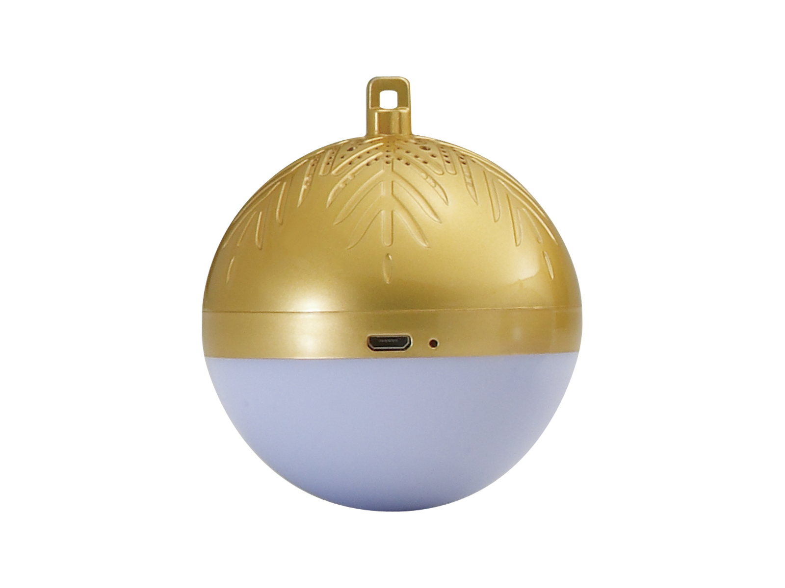 Złota lampka w kształcie bombki. Ma górną pętlę i dół emitujący światło.