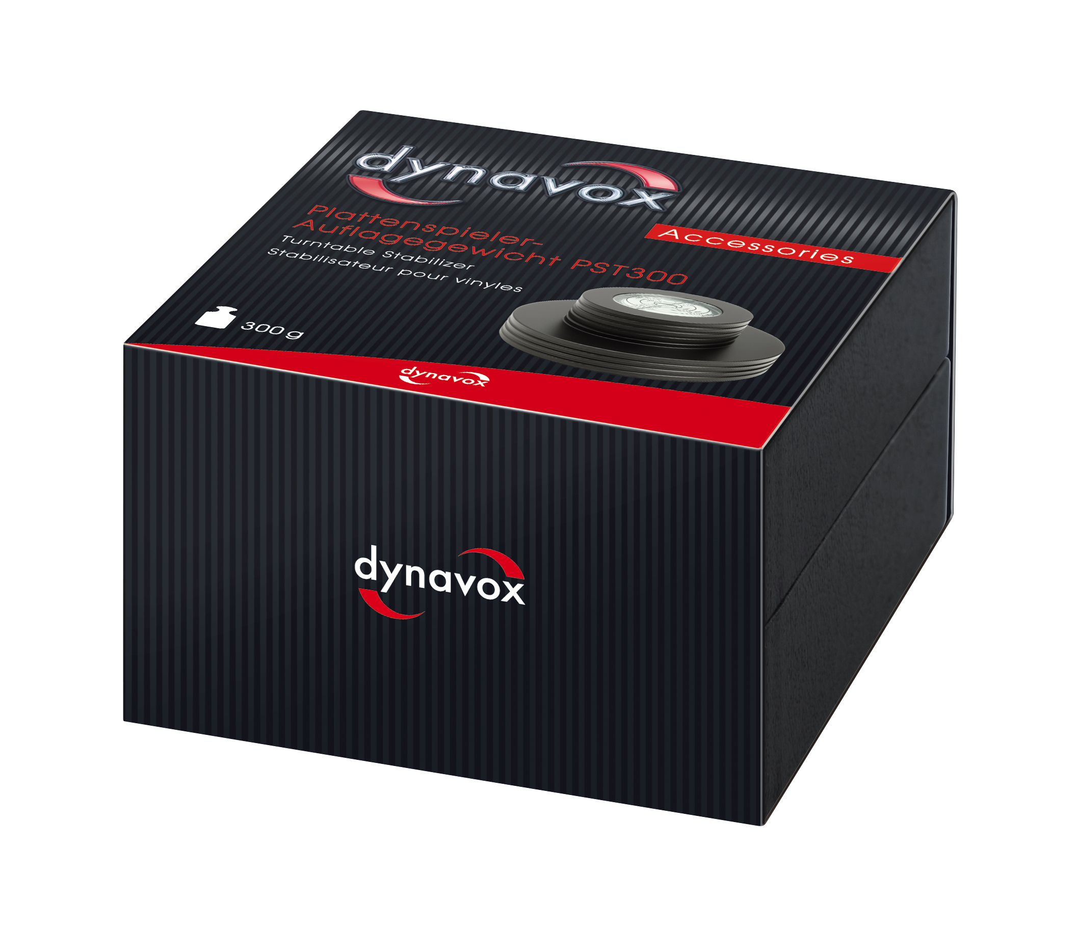 Schwarze Box mit Text darauf. Es steht dynavox Zubehör Plattenspieler-Auflagegewicht PST300.