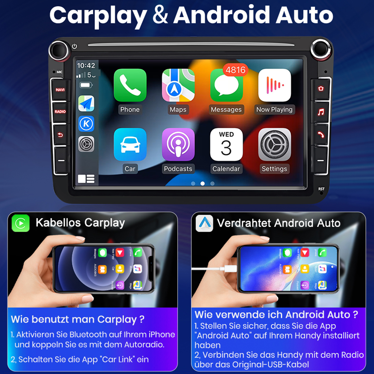 Auto-Infotainment-System mit zwei Handys, die CarPlay und Android Auto zeigen. Tasten und Bildschirm sichtbar.