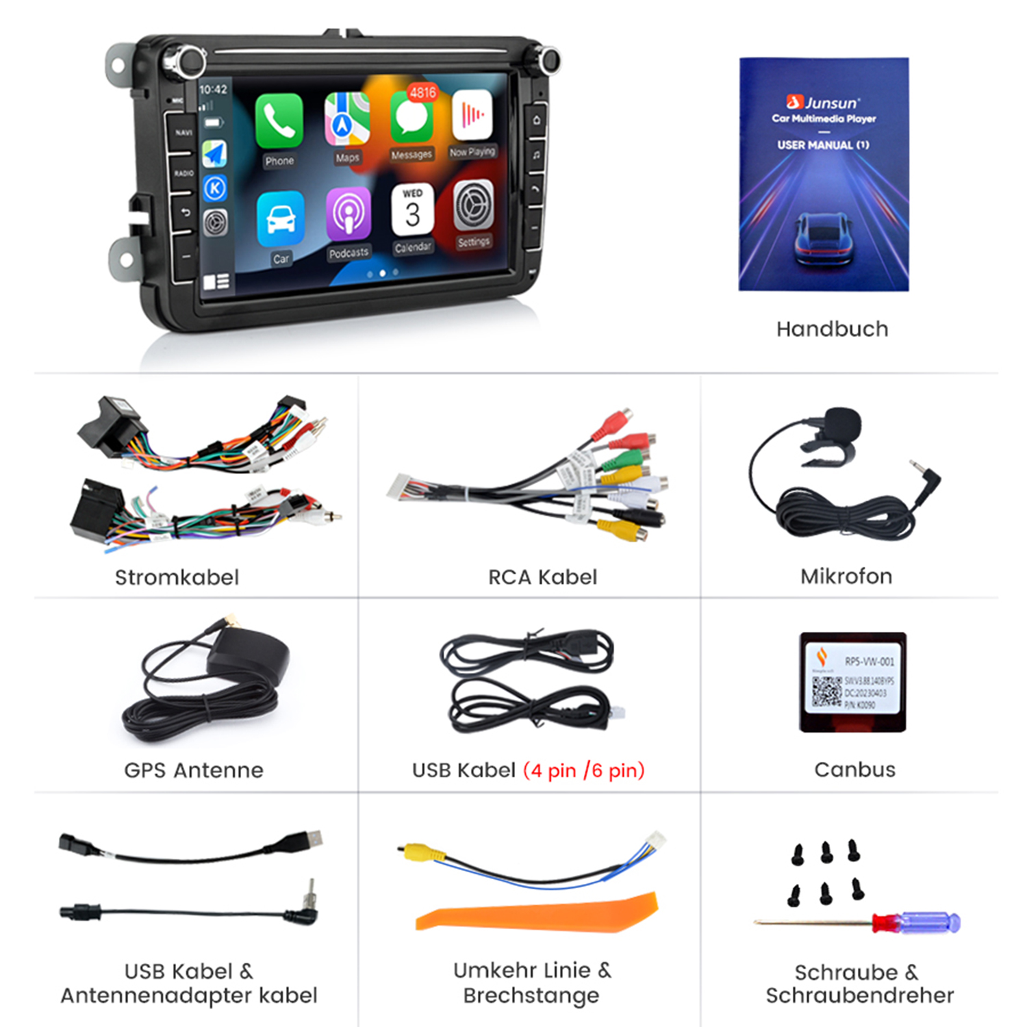 Car-Multimedia-Player mit Zubehör: Kabel, Antenne und Handbuch.