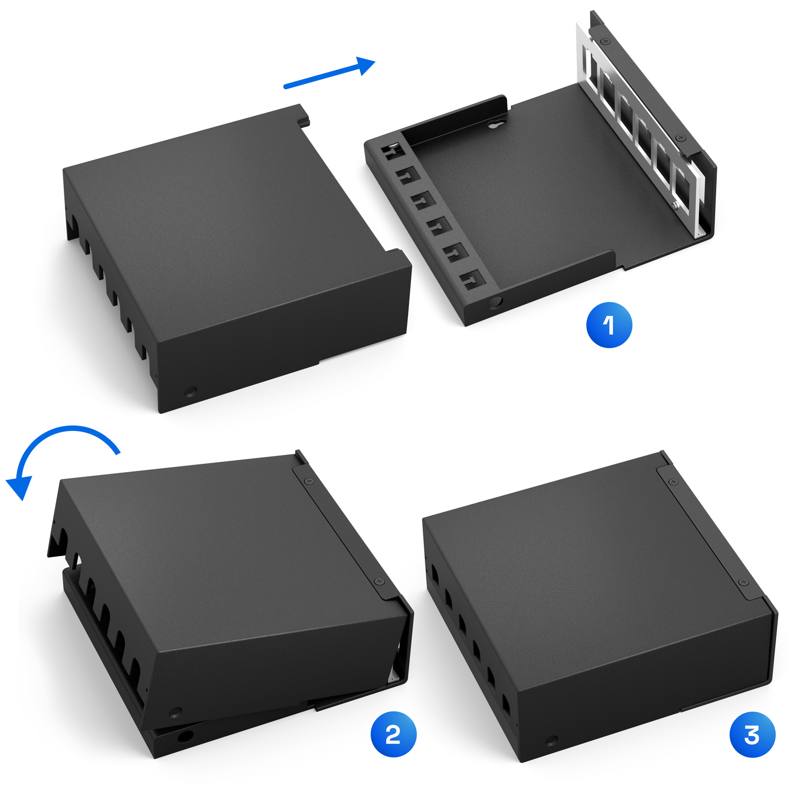 Schwarze Box wird zusammengebaut. Pfeile zeigen Richtungen. Zahlen zeigen die Montageschritte.