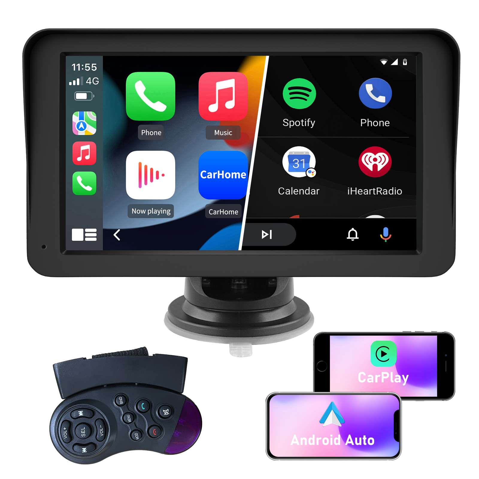 System multimedialny do samochodu z ekranem, pilotem i dwoma telefonami z CarPlay/Android Auto.