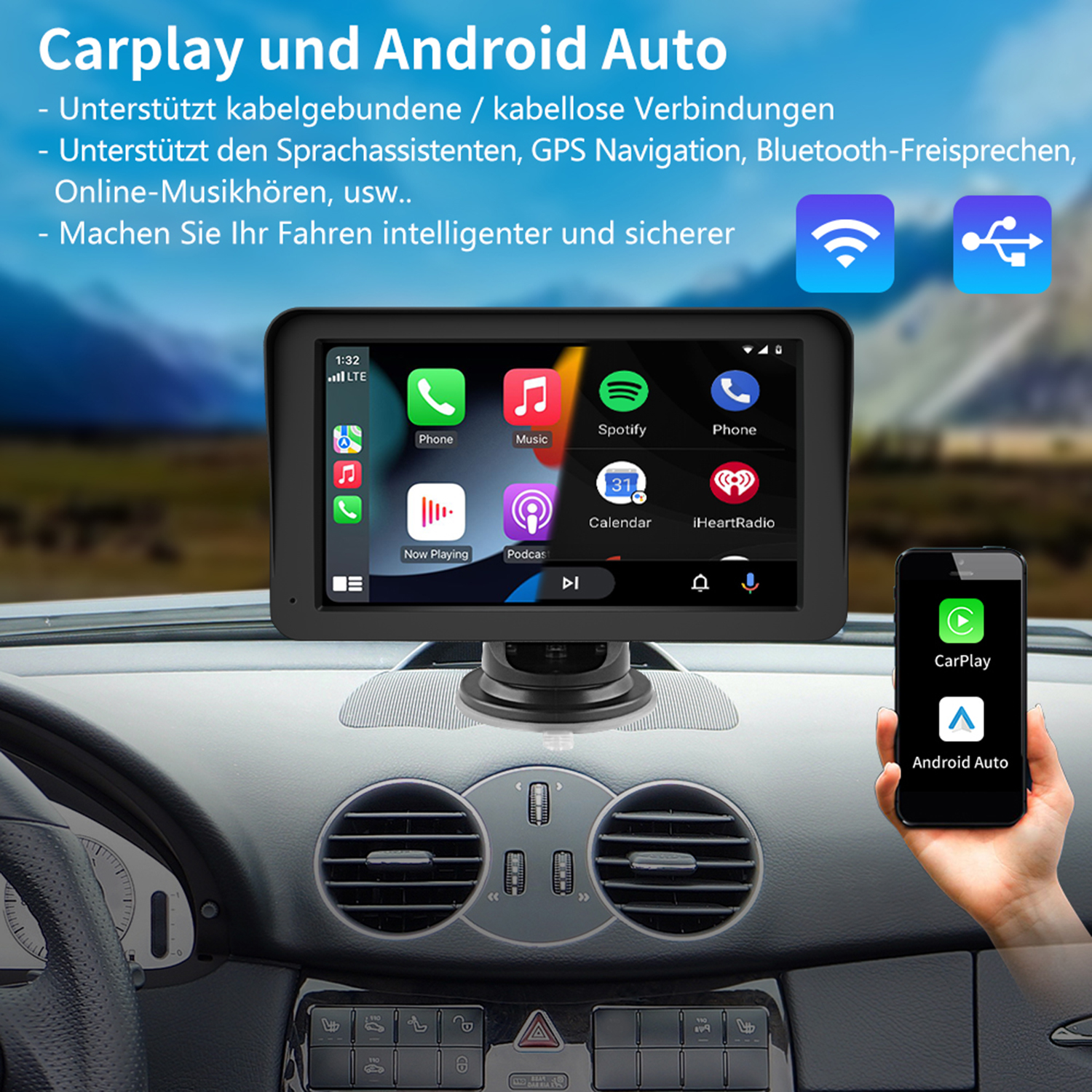Deska rozdzielcza samochodu pokazująca ekran z aplikacjami takimi jak muzyka i nawigacja. Ręka trzyma telefon z CarPlay.