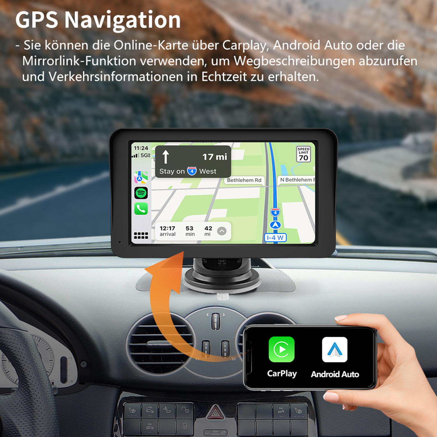 Urządzenie nawigacji GPS w samochodzie. Telefon pokazuje aplikację nawigacyjną z CarPlay/Android Auto.