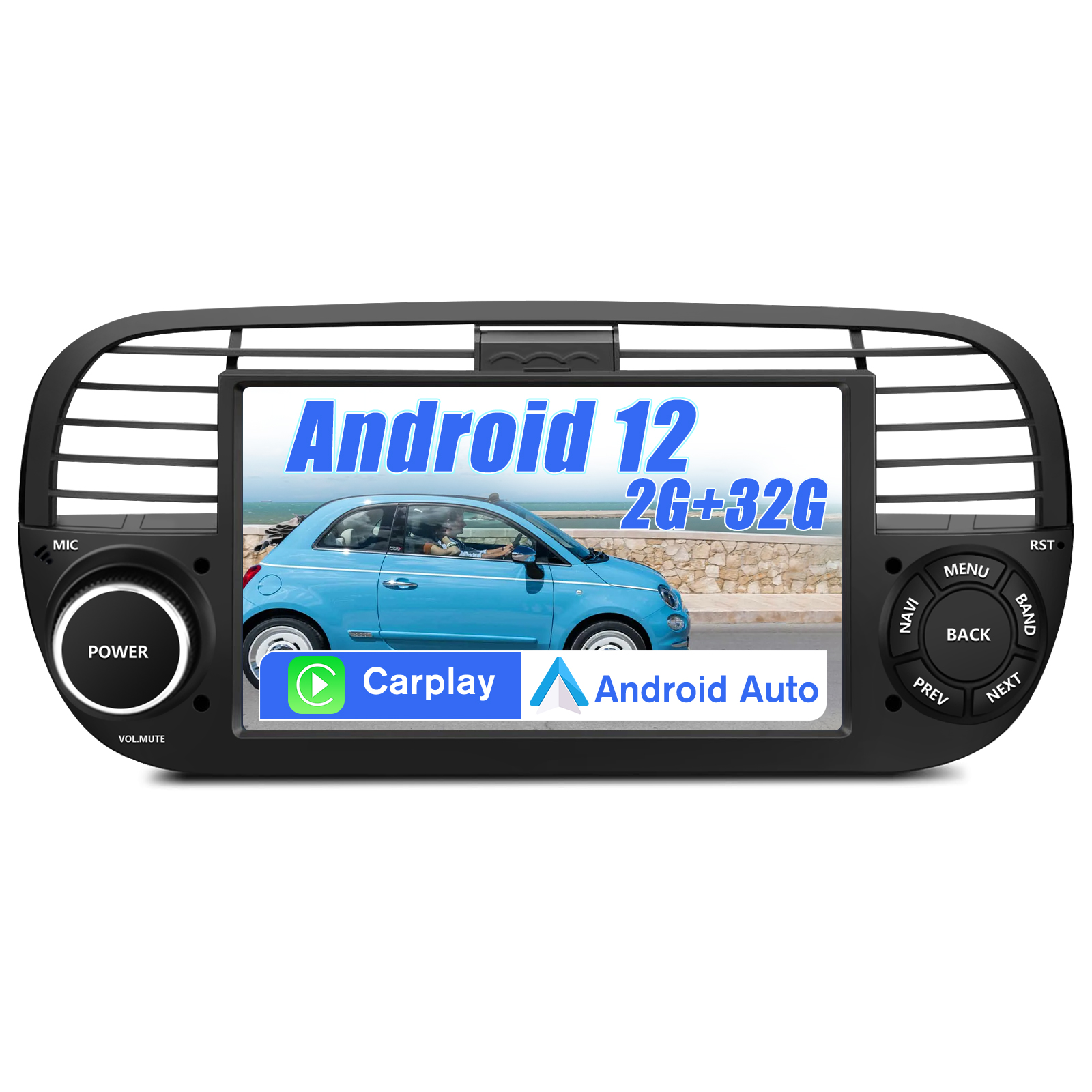 Autoradio mit Bildschirm, zeigt blaues Auto. Mit Android Auto & CarPlay.
