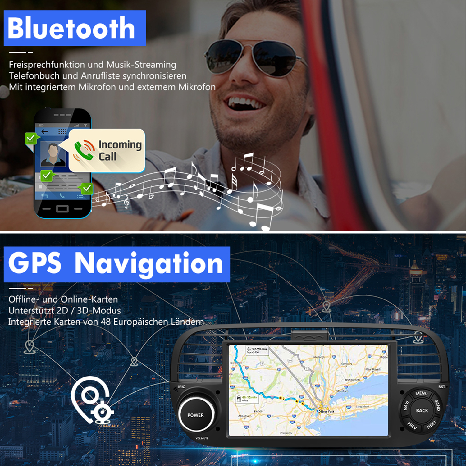 Mann, der ein Autoradio mit Bluetooth- und GPS-Navigationsfunktionen verwendet.