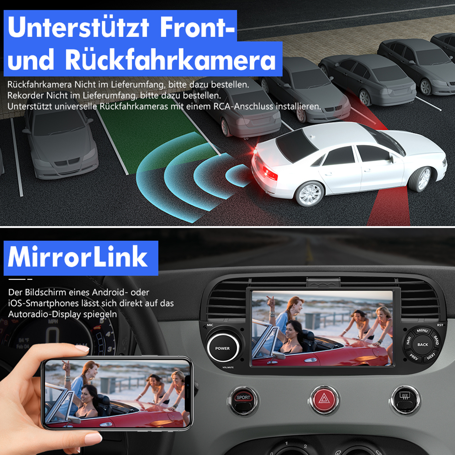 Das Bild zeigt den Bildschirm eines Autos, der ein Telefon und die Unterstützung einer Rückfahrkamera spiegelt.
