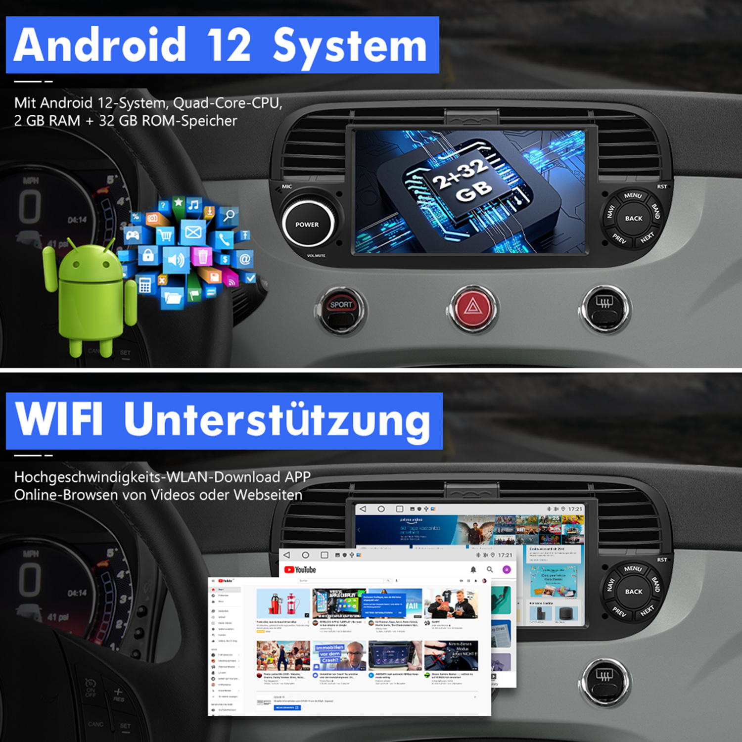 Zwei Bilder eines Armaturenbretts mit einem Bildschirm, der das Android 12-System und WLAN-Unterstützung anzeigt.
