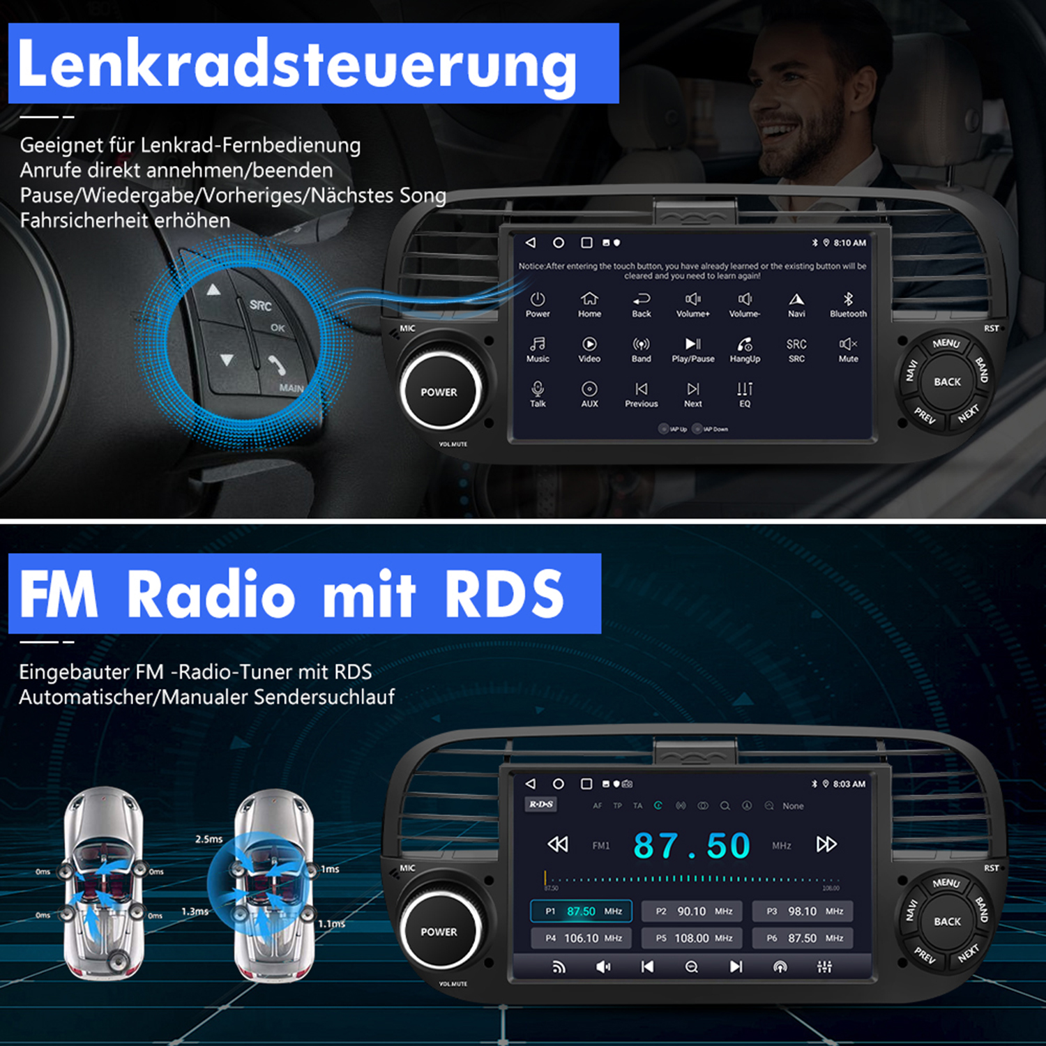 Autoradio. Es hat einen Bildschirm mit Bedienelementen und eine Lenkradsteuerung.