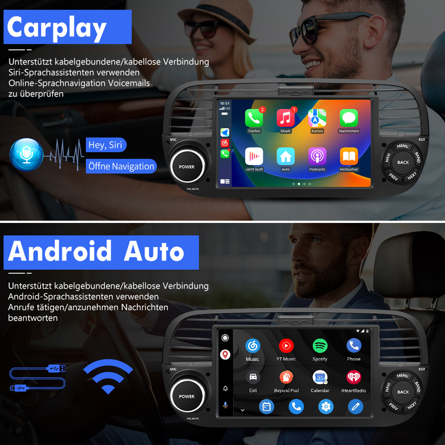 Zwei Bilder, die die Benutzeroberfläche eines Auto-Infotainmentsystems für CarPlay und Android Auto zeigen.
