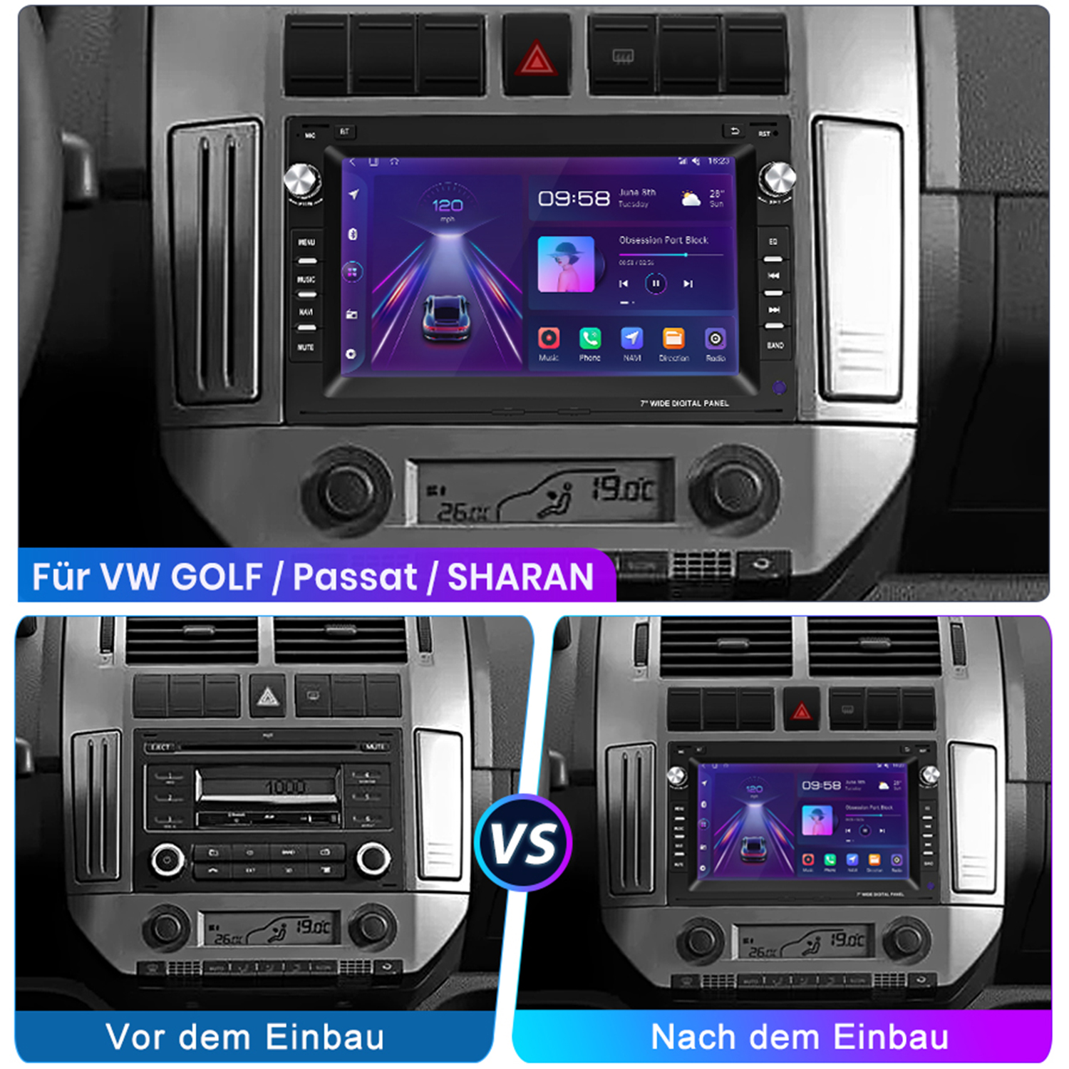 Armaturenbrett mit Vorher-Nachher-Bildern, zeigt digitales Display-Upgrade für VW Golf/Passat/Sharan.