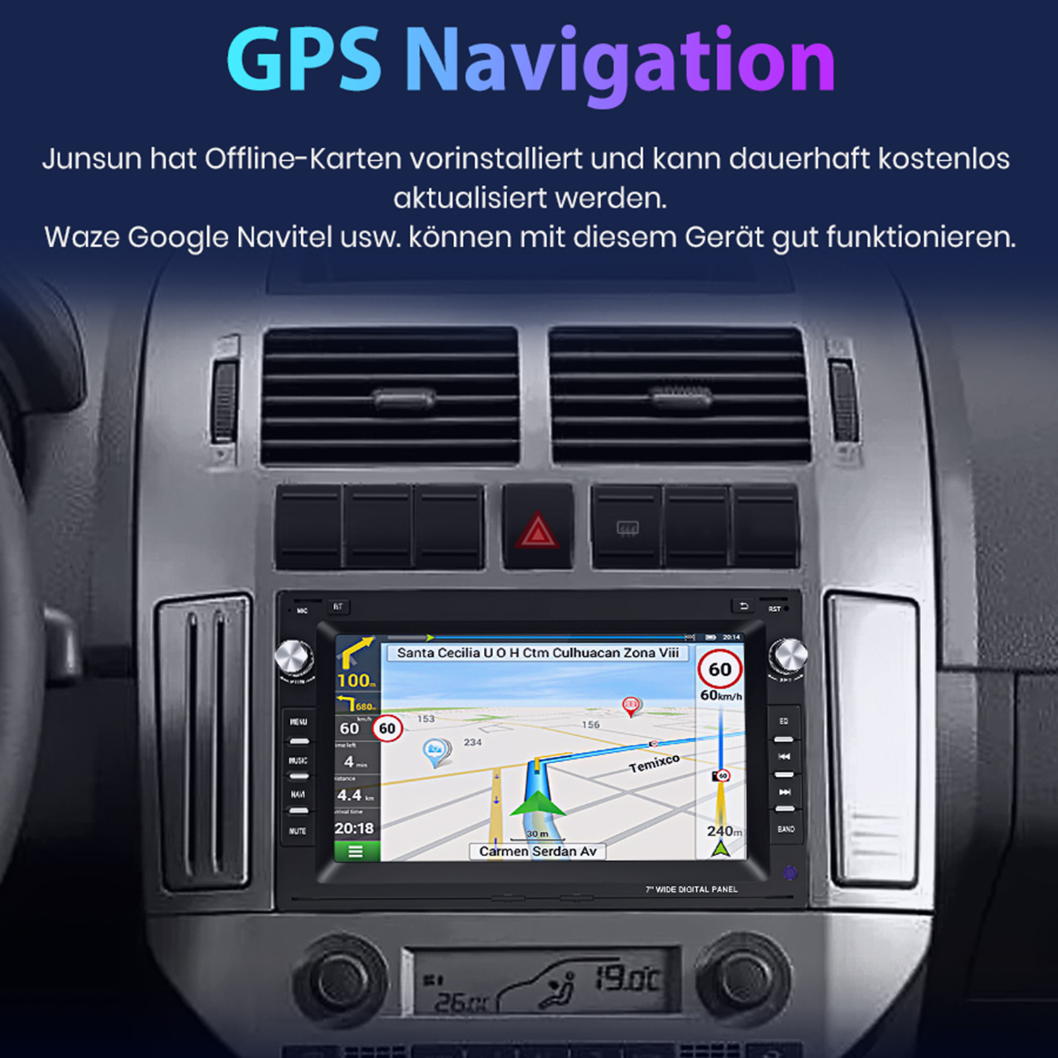 Auto-Armaturenbrett mit GPS-Navigationsbildschirm, der eine Karte und Geschwindigkeitsdetails anzeigt.