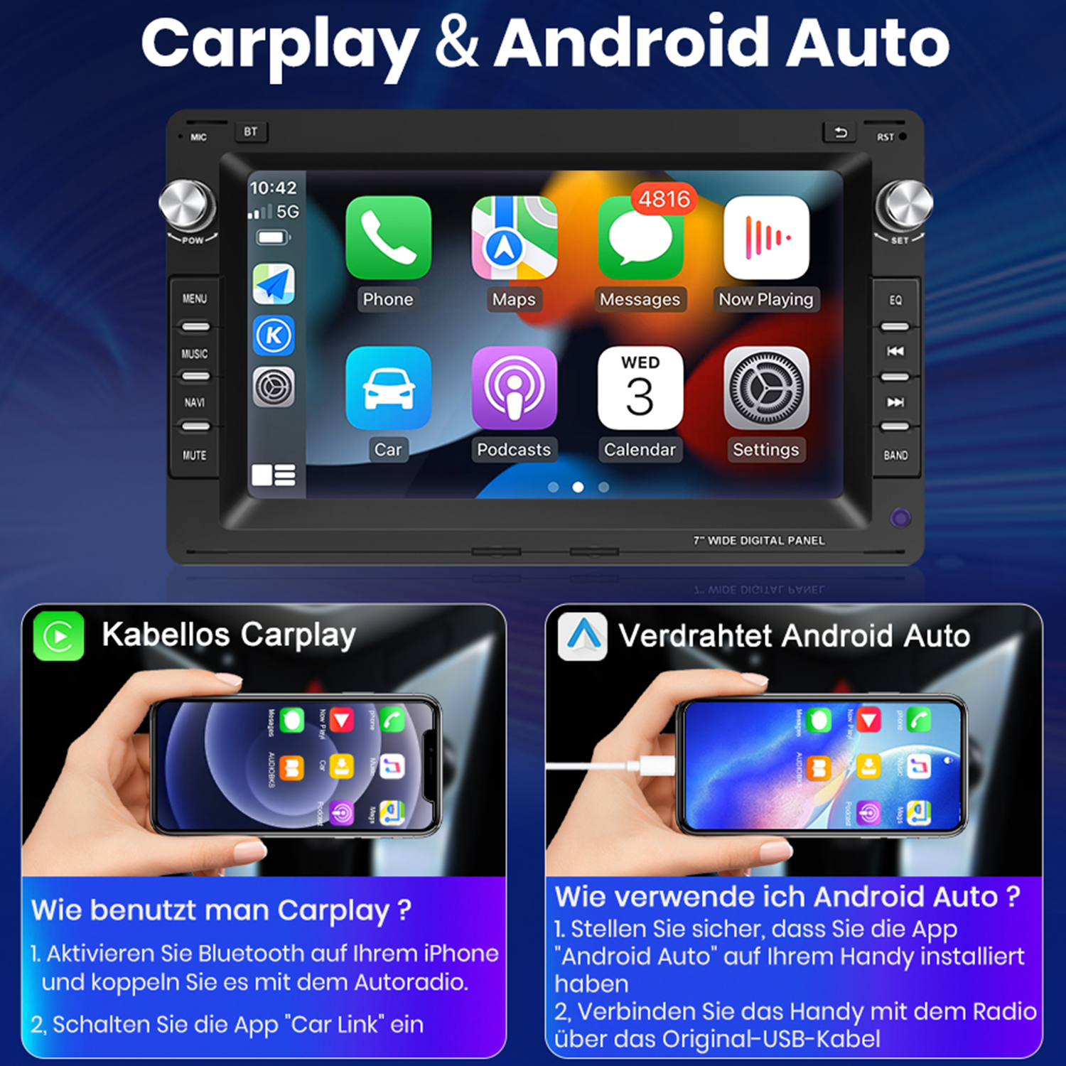 CarPlay- und Android Auto-Autoradio mit Apps. Zwei Telefone zeigen kabelgebundene und drahtlose Verbindung.