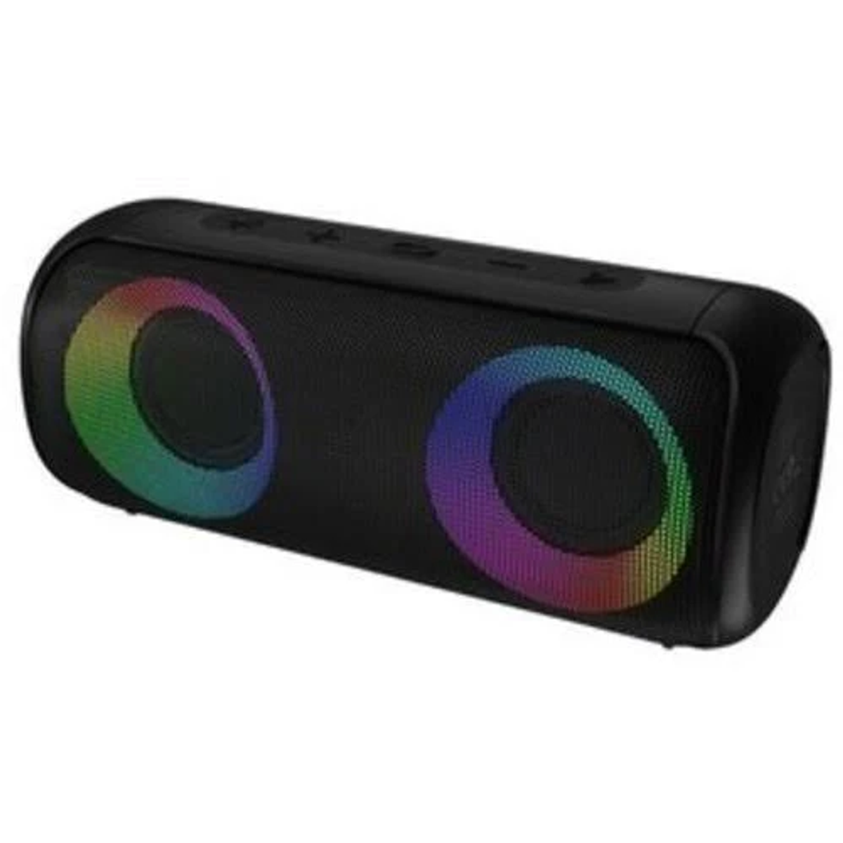 Altoparlante nero con luci RGB su sfondo bianco.