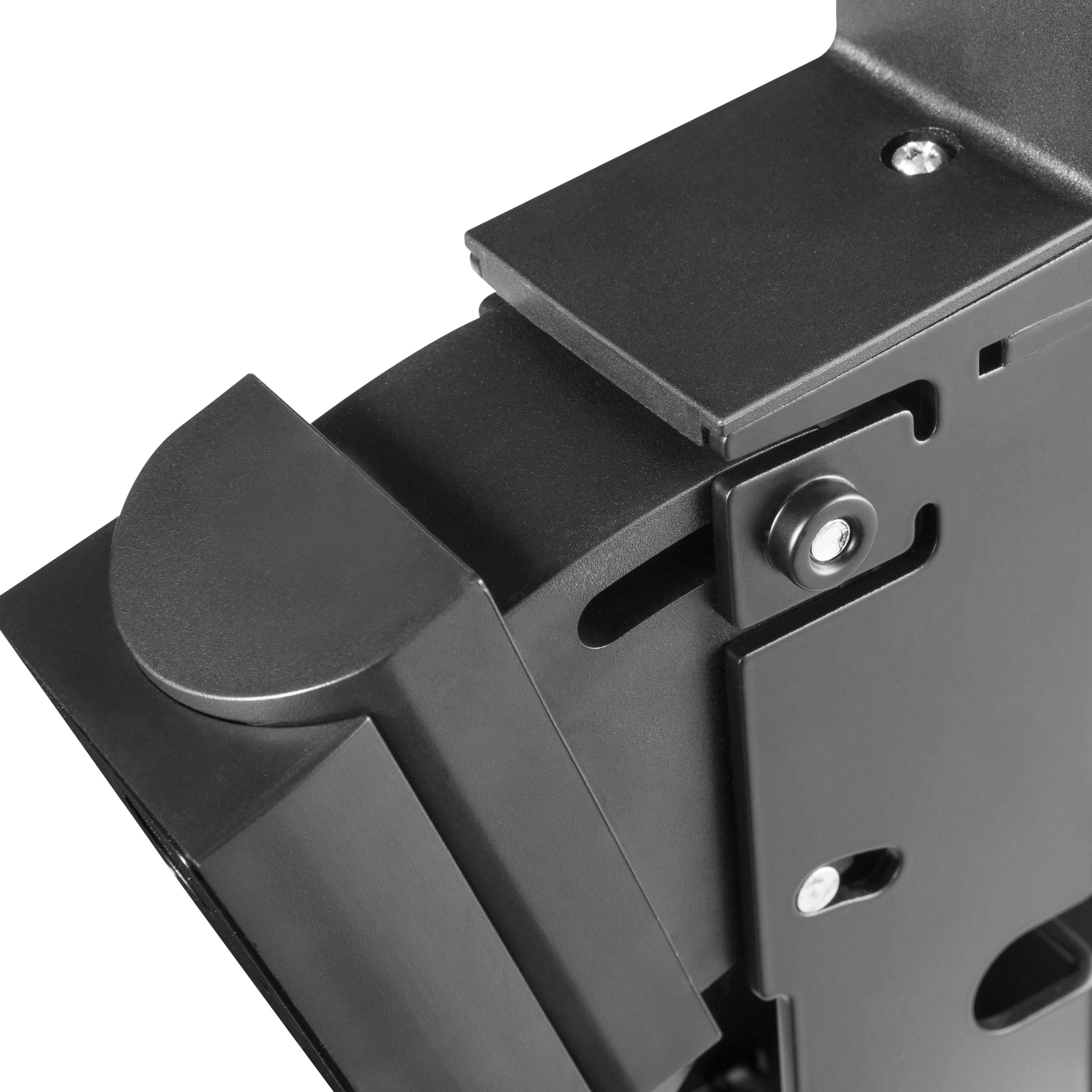 Nahaufnahme einer schwarzen Metallhalterung mit einer Schraube. Es ist ein Möbelstück.
