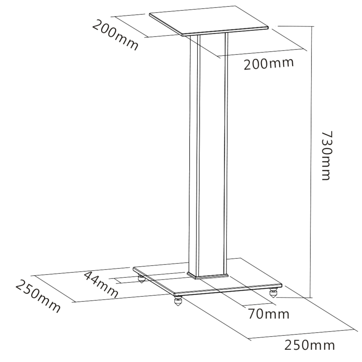 Ein Metallpodest mit angezeigten Abmessungen, mit quadratischer Basis und Oberseite.