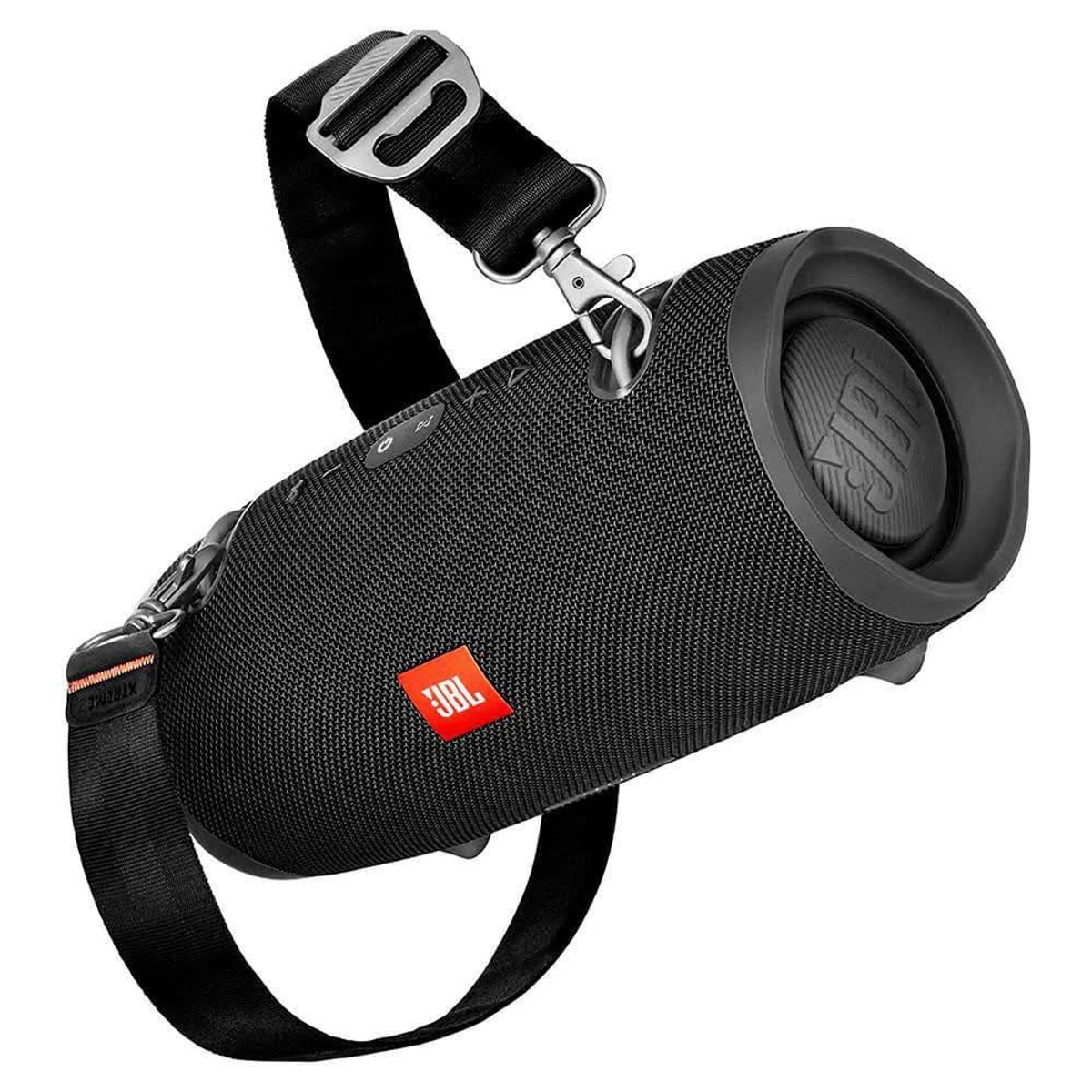 Altavoz JBL negro con correa negra y logo rojo JBL. Angulado, con dos correas.