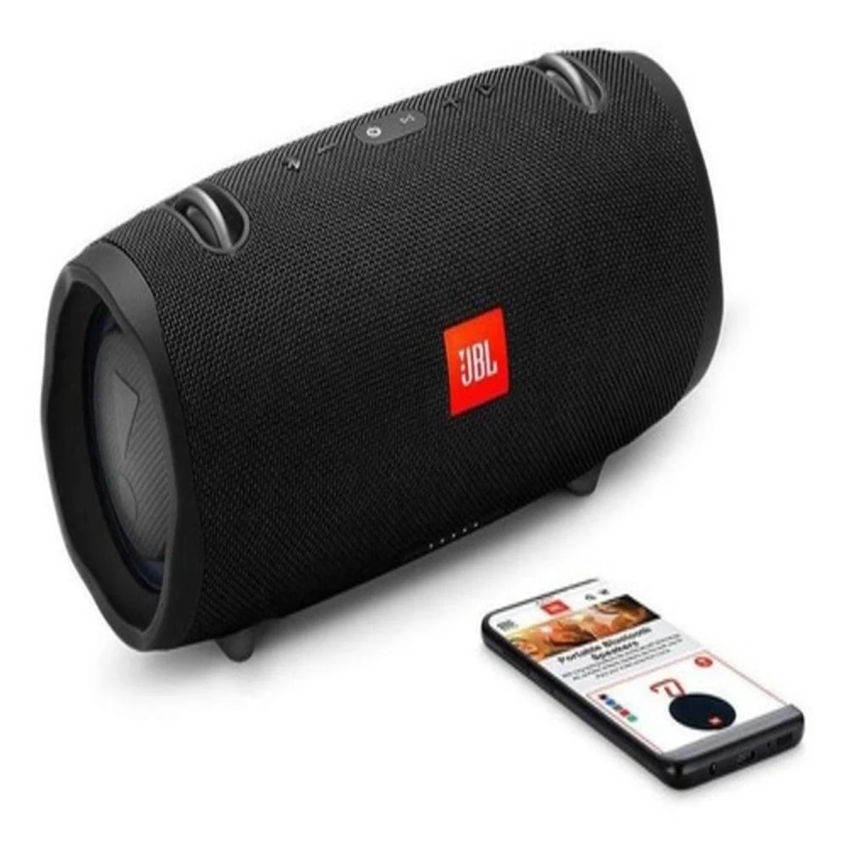Altavoz JBL negro con logo rojo y un smartphone mostrando una app de altavoces sobre fondo blanco.