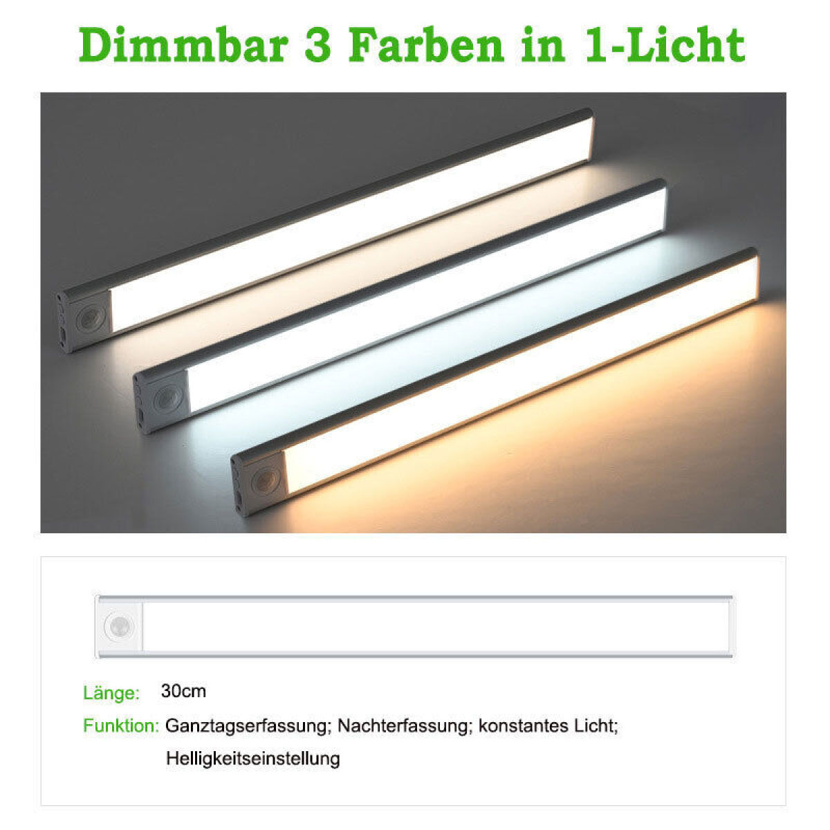 Drei rechteckige LED-Leuchten mit einstellbarer Helligkeit, in einer Reihe.