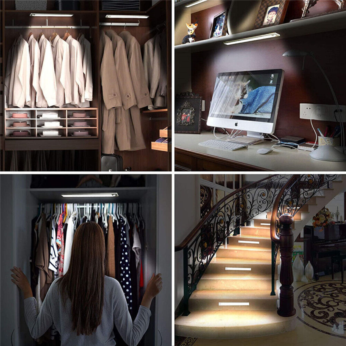 Collage aus vier Bildern, die Lichter in einem Schrank, an einem Schreibtisch, auf einer Treppe und in einem Schrank zeigen.