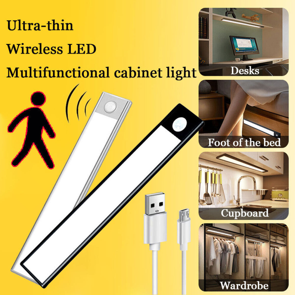 Zwei dünne, weiße LED-Leuchten mit einem Ladekabel. Text: Ultra-dünn, kabellose LED, multifunktionale Schrankleuchte.