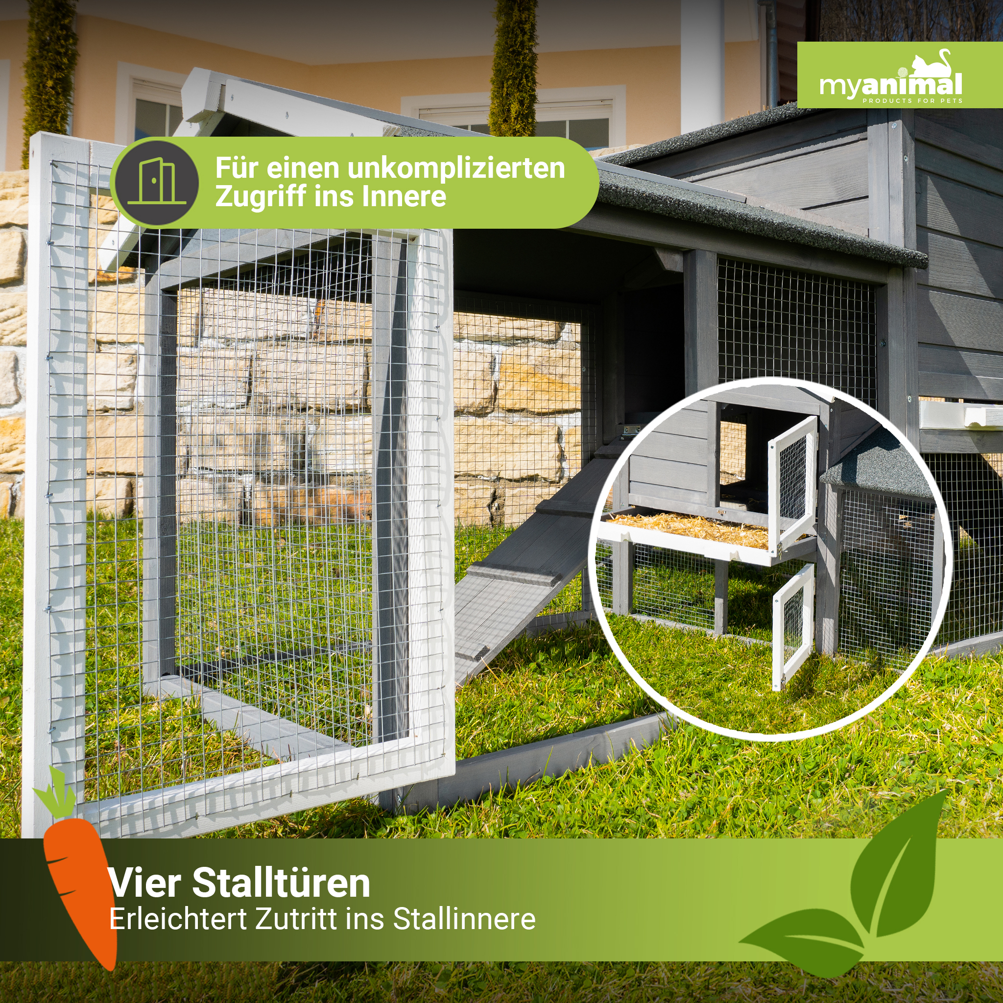 Hühnerstall aus Holz mit offenen Türen auf grünem Gras mit Textbeschriftungen.