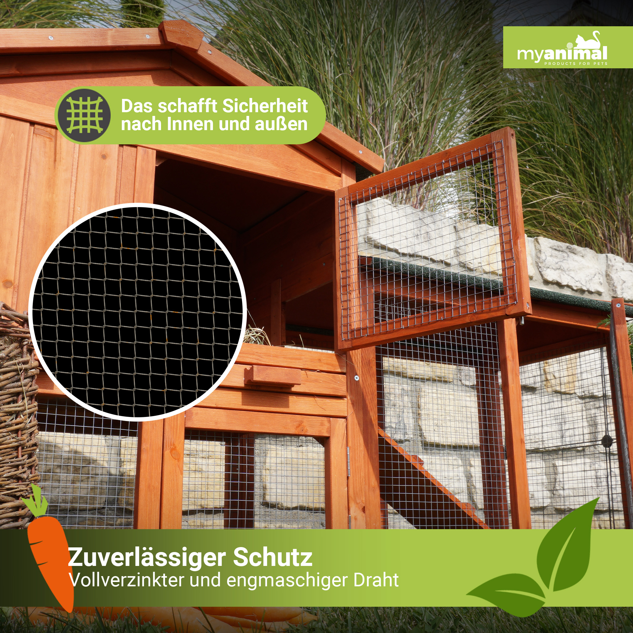 Kaninchenstall aus Holz mit Drahtgeflecht, Nahaufnahme des Geflechts.