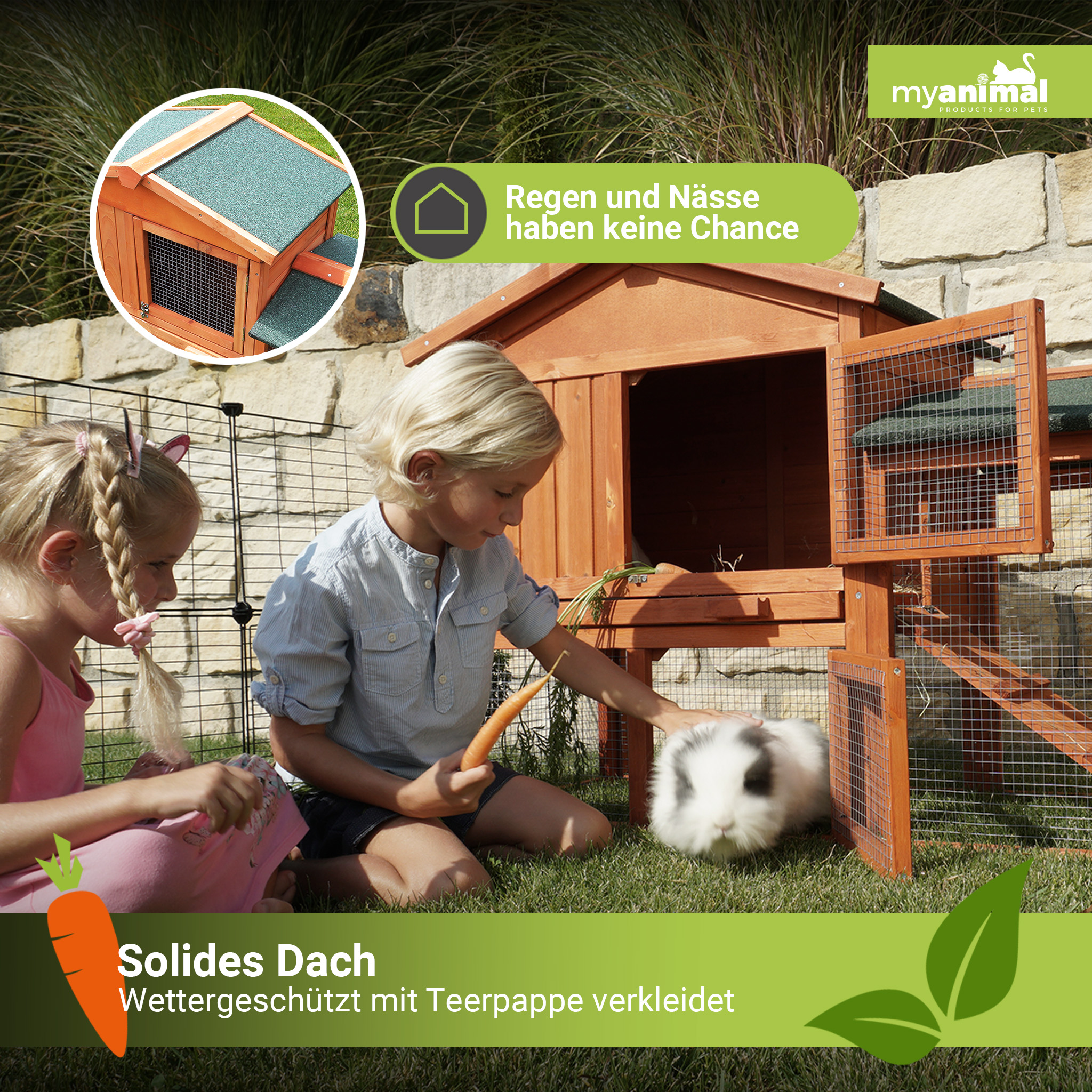 Zwei Kinder füttern ein Kaninchen in einem Stall im Garten.