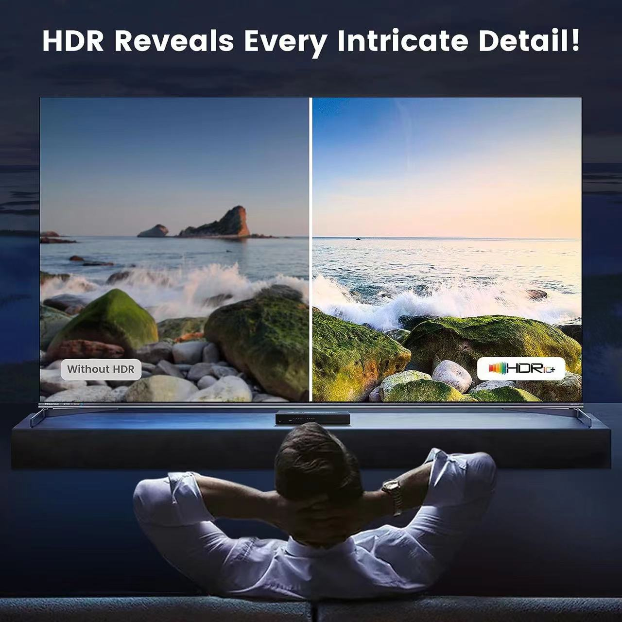 Mężczyzna relaksuje się, oglądając telewizję z plażą z i bez HDR.