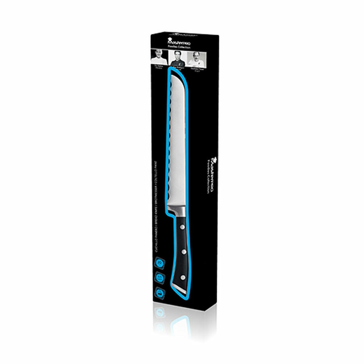 Un cuchillo de pan en su caja. La caja es negra con una raya azul e imágenes.