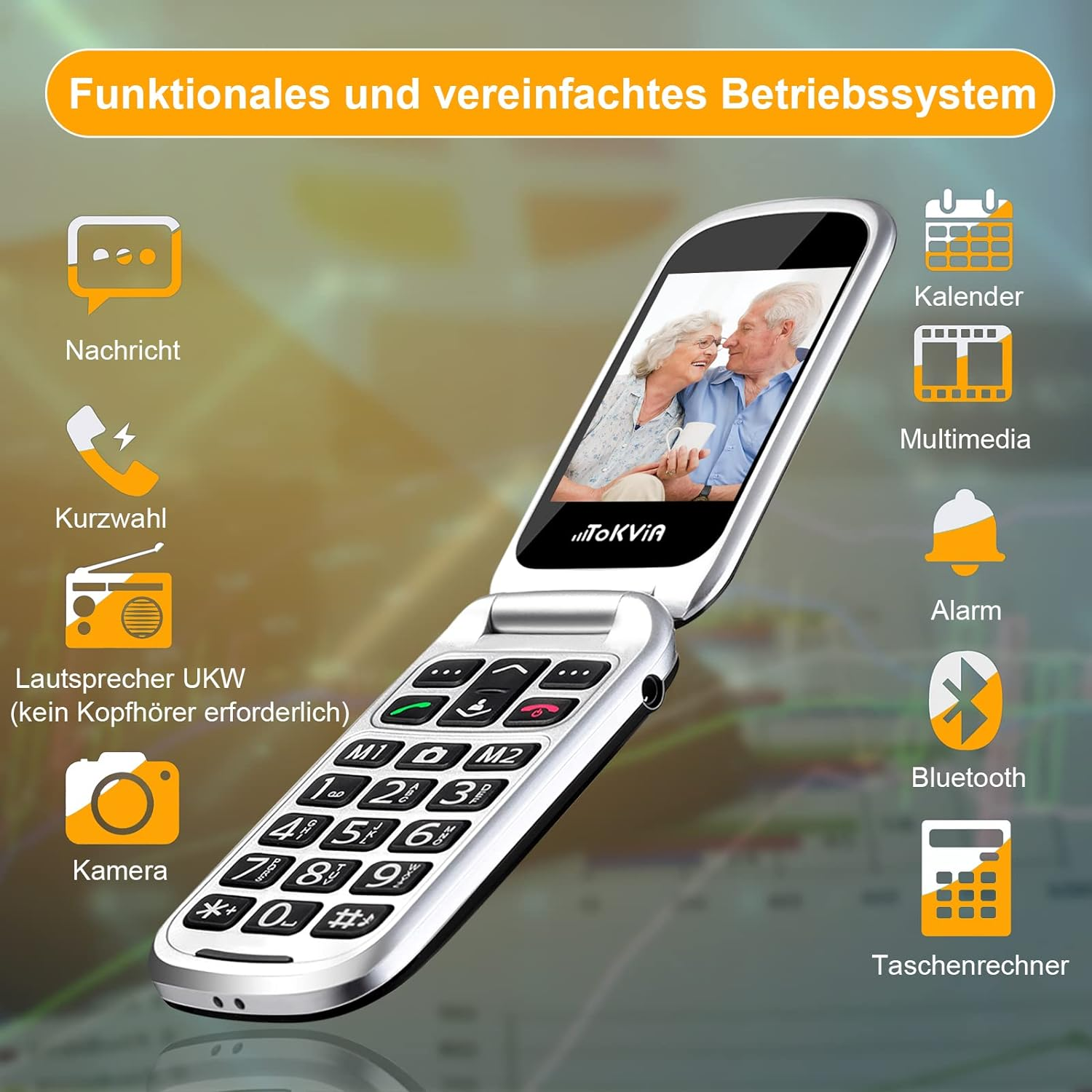 Klapphandy geöffnet, zeigt Bildschirm mit Foto eines älteren Paares und Funktionssymbolen.