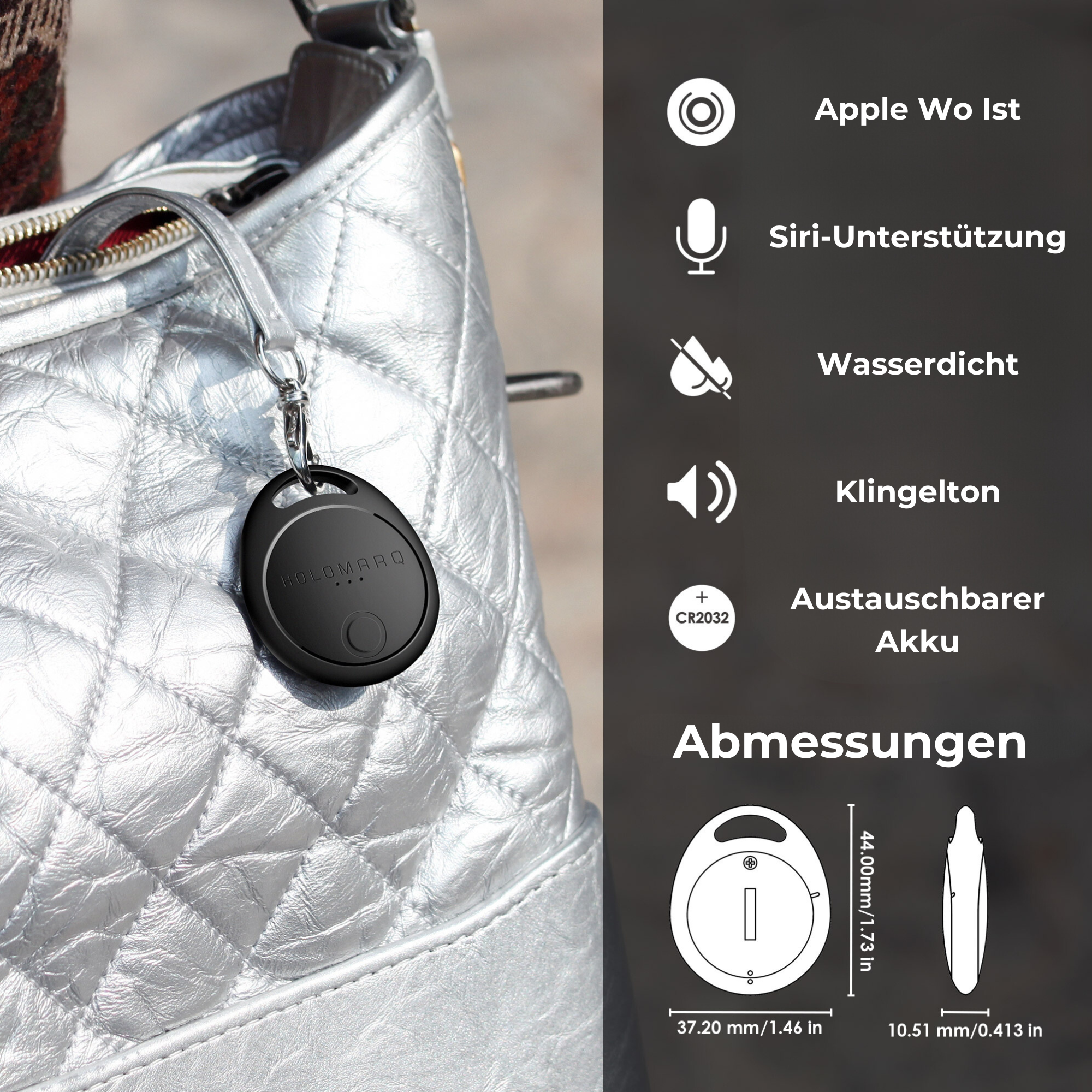 Ein schwarzer, kreisförmiger Schlüsselfinder an einer silbernen Handtasche. Funktionen wie Apple Find My, Siri-Unterstützung.