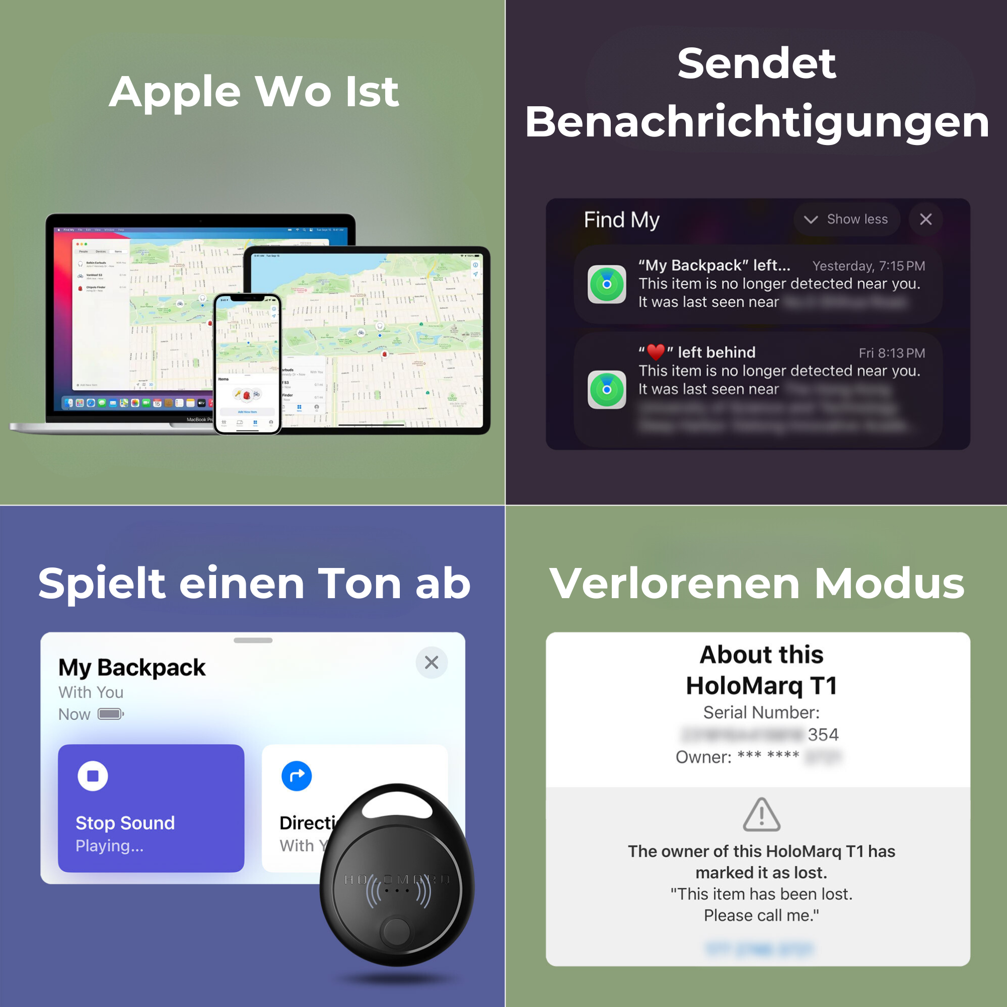 Eine digitale Anzeige zeigt mehrere „Mein Gerät finden“ Benachrichtigungen.