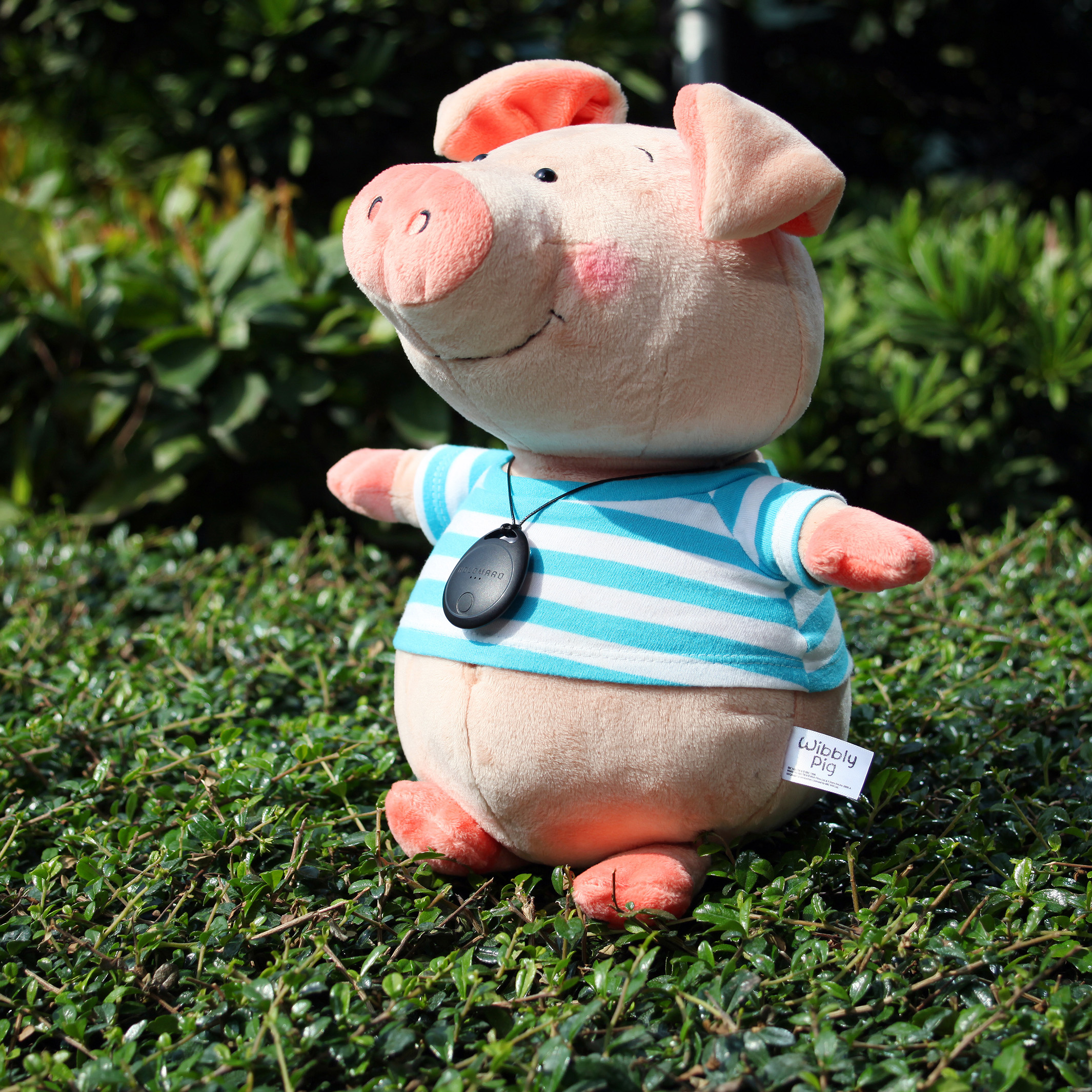 Ein Schweine-Plüschtier mit blau gestreiftem Hemd. Es sitzt auf grünen Büschen.