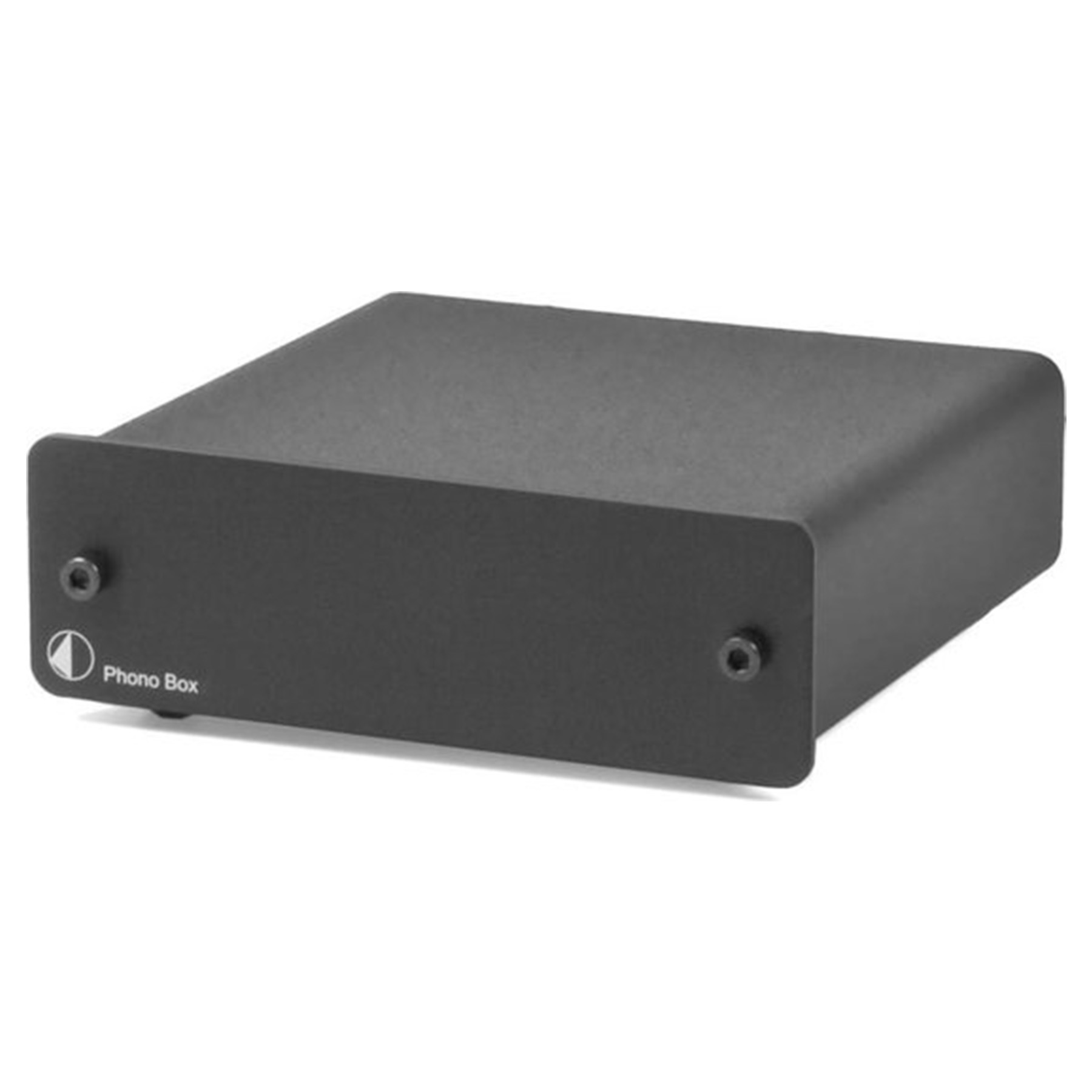 Czarny prostokątny box z zaokrąglonym przodem. Ma dwie śruby i logo z napisem 'Phono Box'.