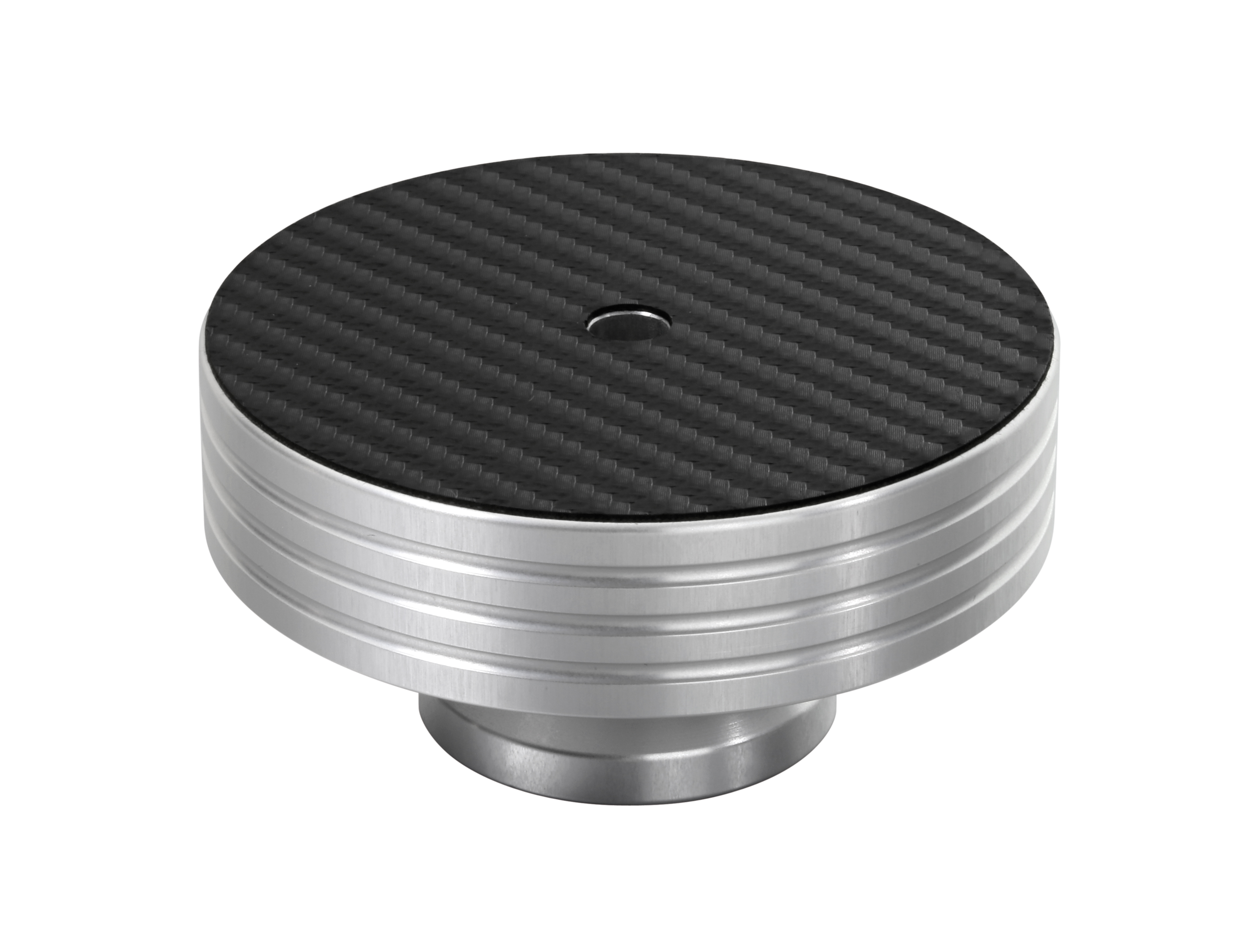 Silber- und schwarze runde Basis, Kohlefaser-Oberseite, weißer Hintergrund.