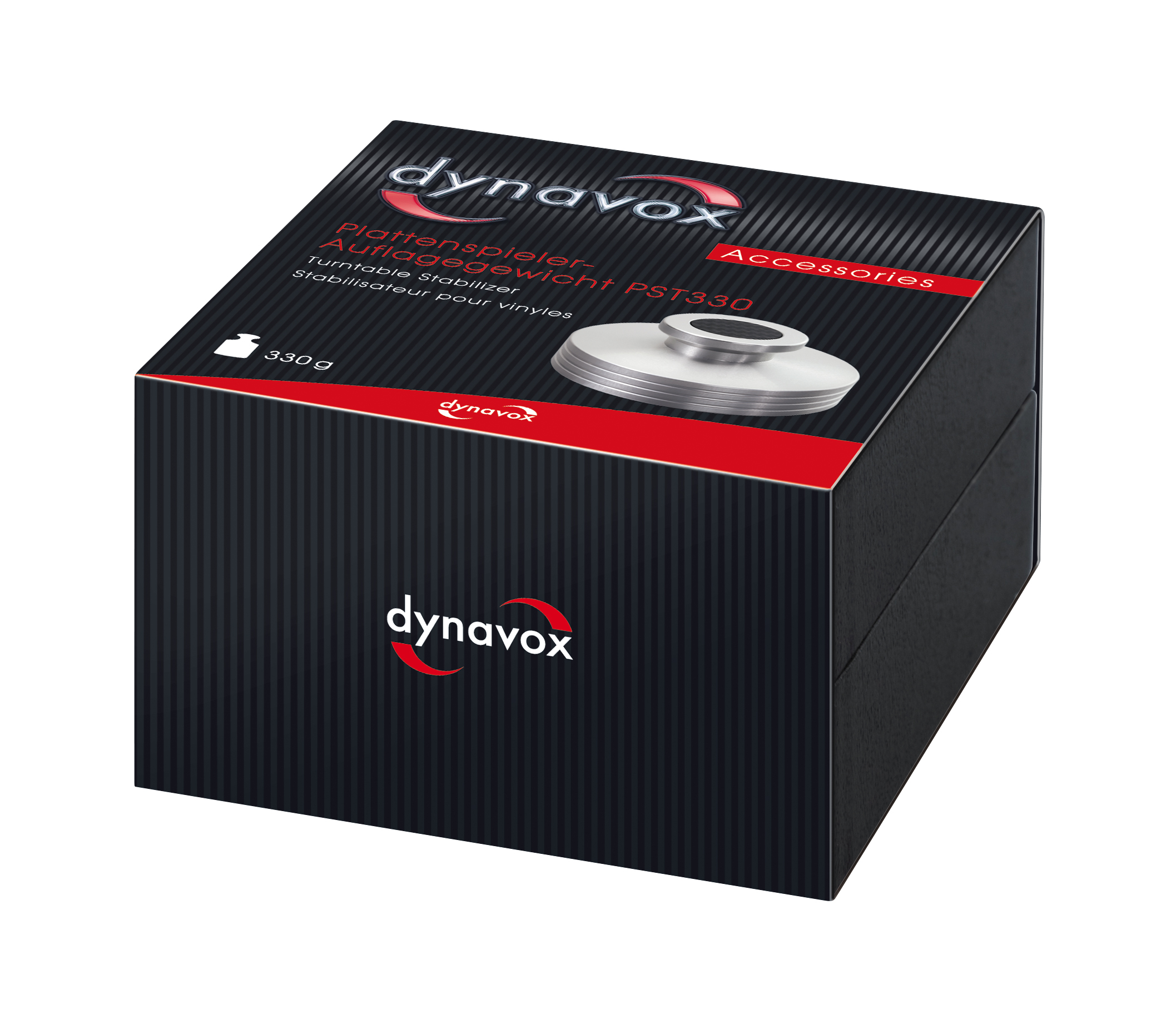 Eine schwarze Box mit einem silbernen Plattenspieler-Stabilisator darin. Text auf der Box: Dynavox, Plattenspieler-Stabilisator.