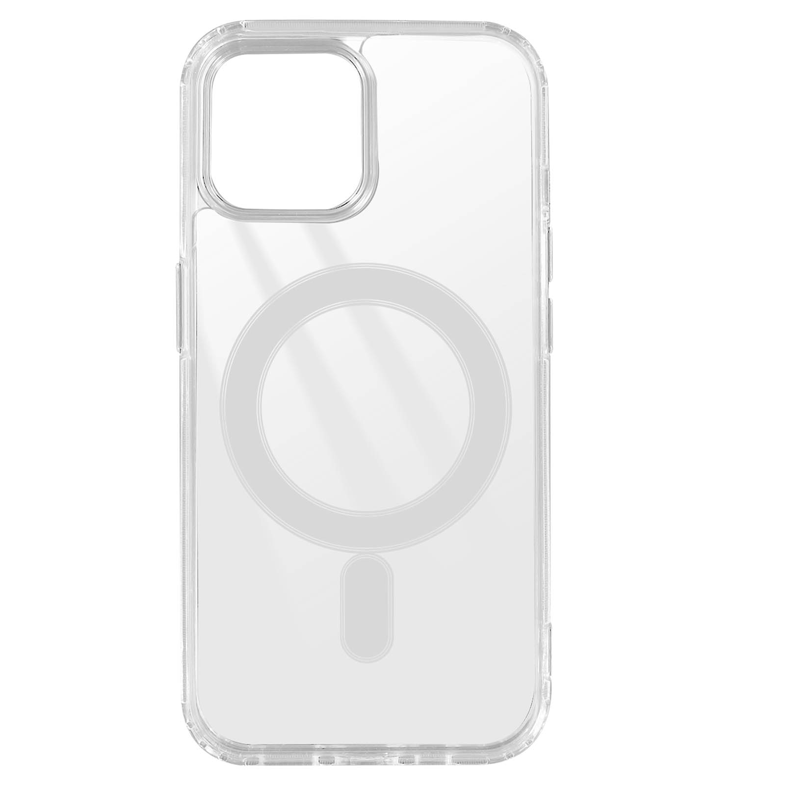 Transparente iPhone-Hülle. Durchsichtiger Kunststoff mit Kameraausschnitt und MagSafe-Kreis.