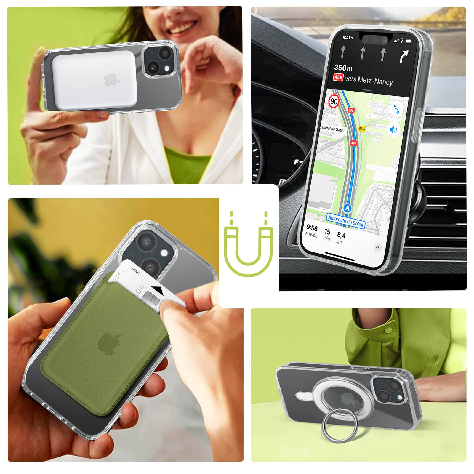 Eine Collage zeigt ein Telefon mit Geldbörse, Navigation und einem Ringhalter.