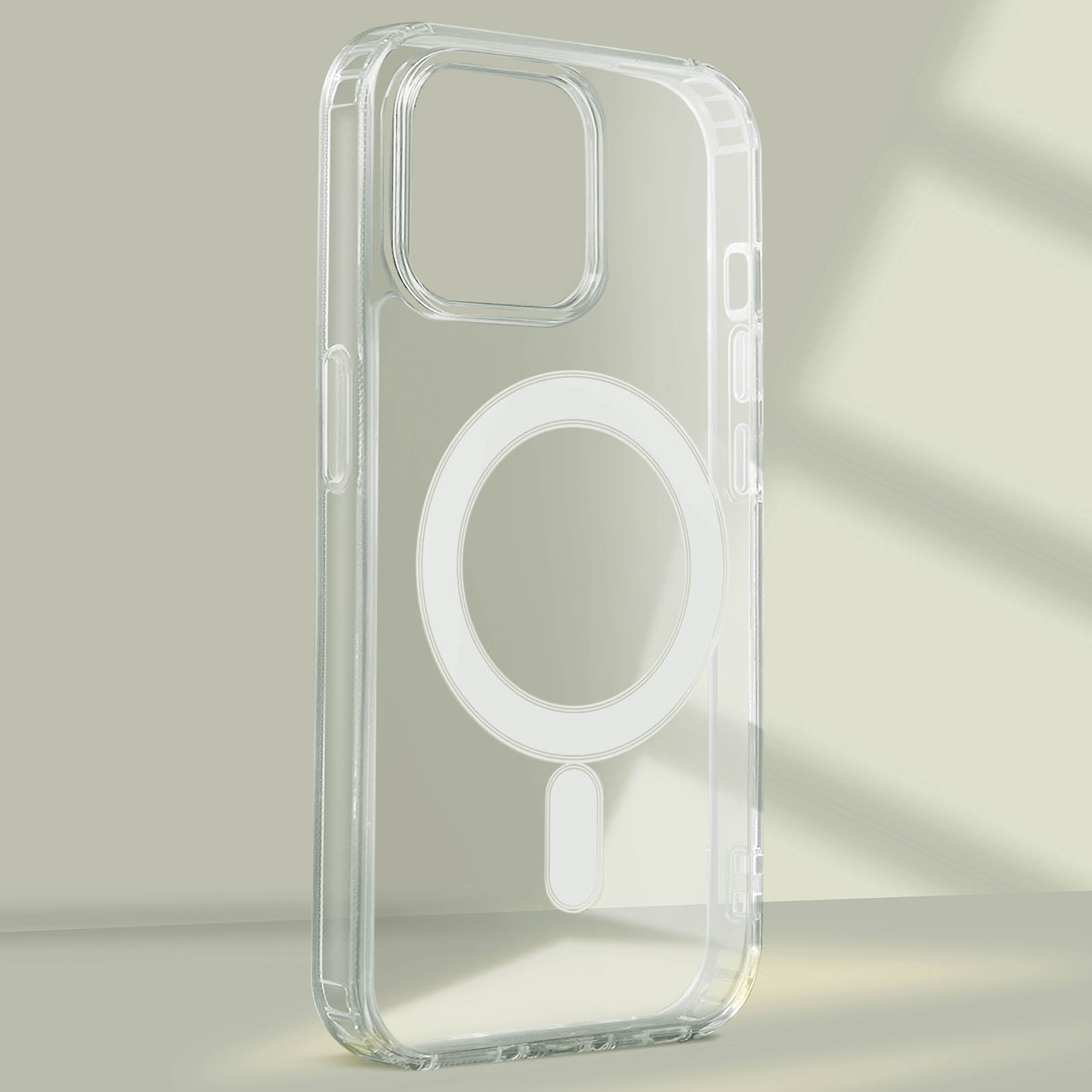 Eine transparente Handyhülle mit weißem kreisförmigen Design und kleinem Rechteck.